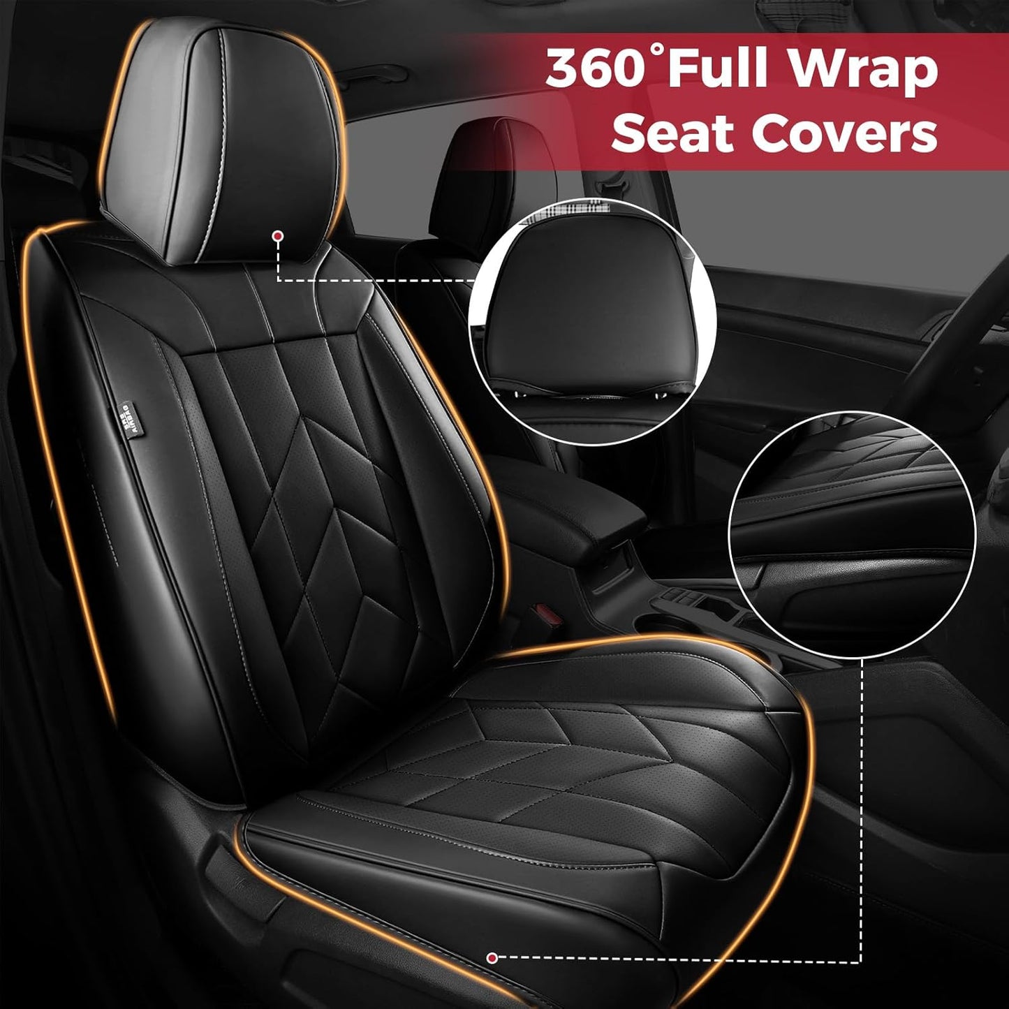Black Car Seat Covers Full Set - Waterproof Leather Car Seat Protector Universal Fit Escape Fusion Edge Expedition Ranger