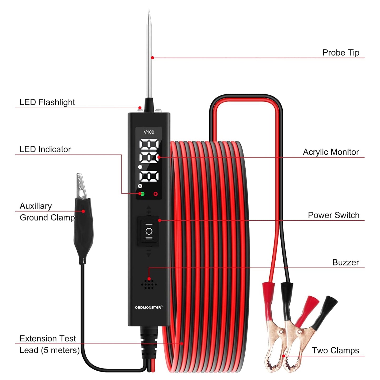 Power Circuit Probe Tester,OBDMONSTER V100 Circuit Tester, 0-80V DC Test Light Automotive Short Circuit Finder, Auto Electrical Circuit Tester, Car Fuse Tester, Automotive Tool