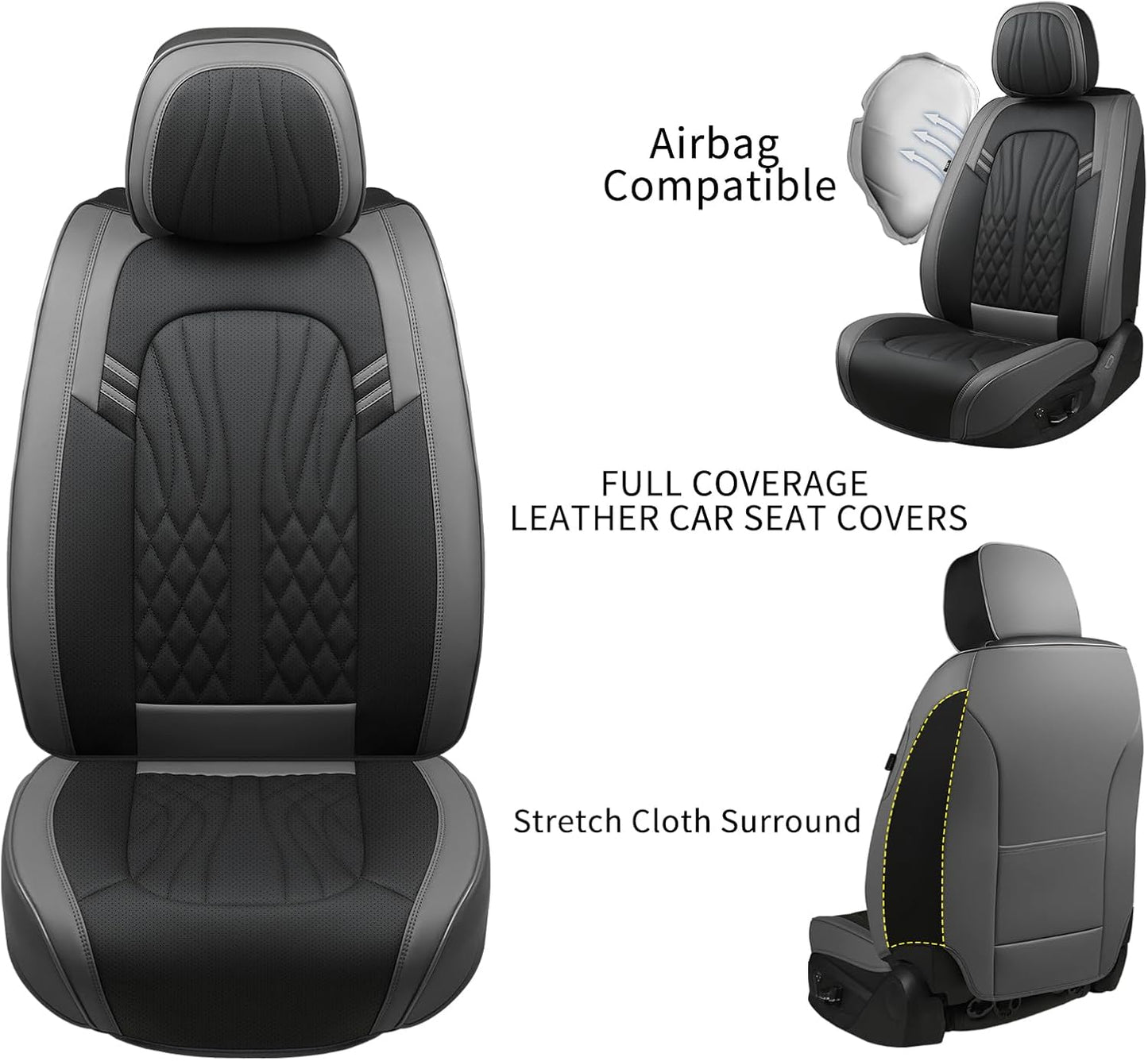Leather Car Seat Covers,Car Seat Protector Waterproof,Seat Covers Full Set, Car Seat Protectors 5 Seats,Automotive Seat Covers Fit Most Cars Grey&Black