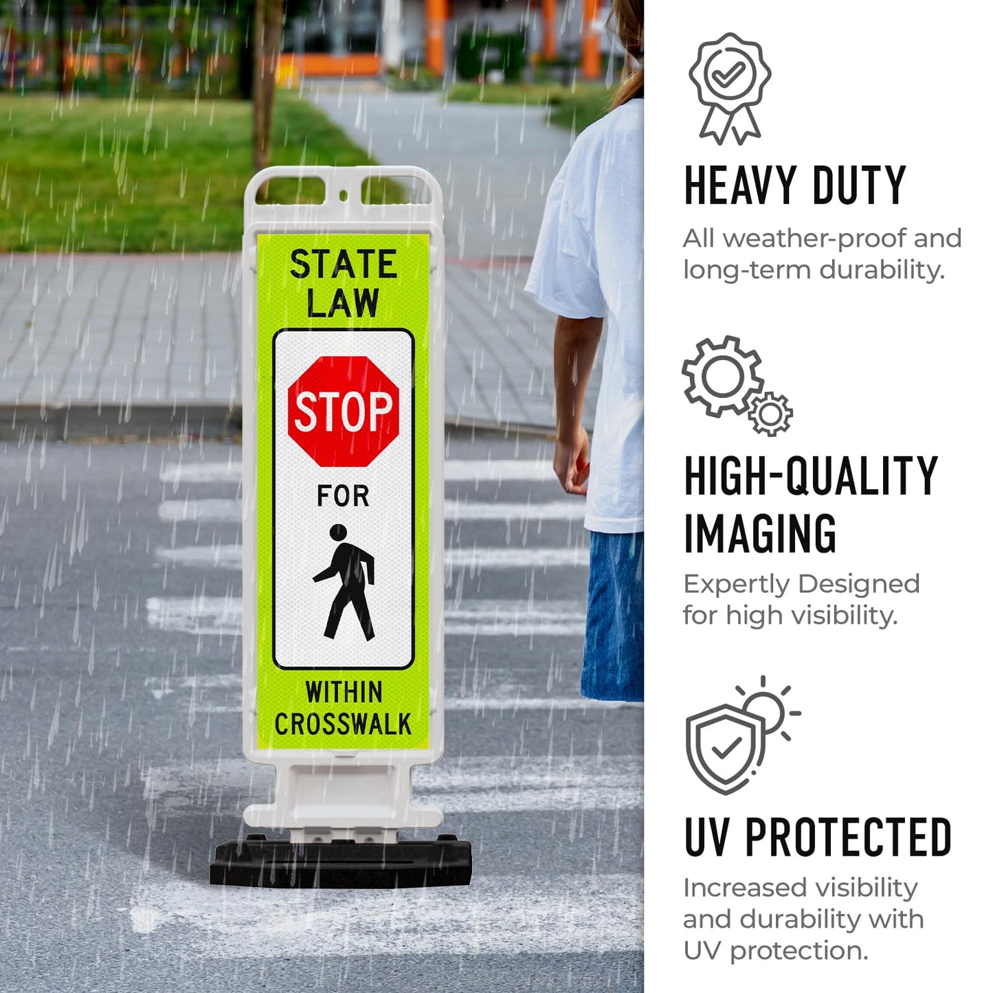 State Law Stop for Pedestrian Within Crosswalk MUTCD R1-6a Sign, Double Sided 3M Engineer Grade Reflective, Portable Rubber Base, Impact Resistant Plastic Frame