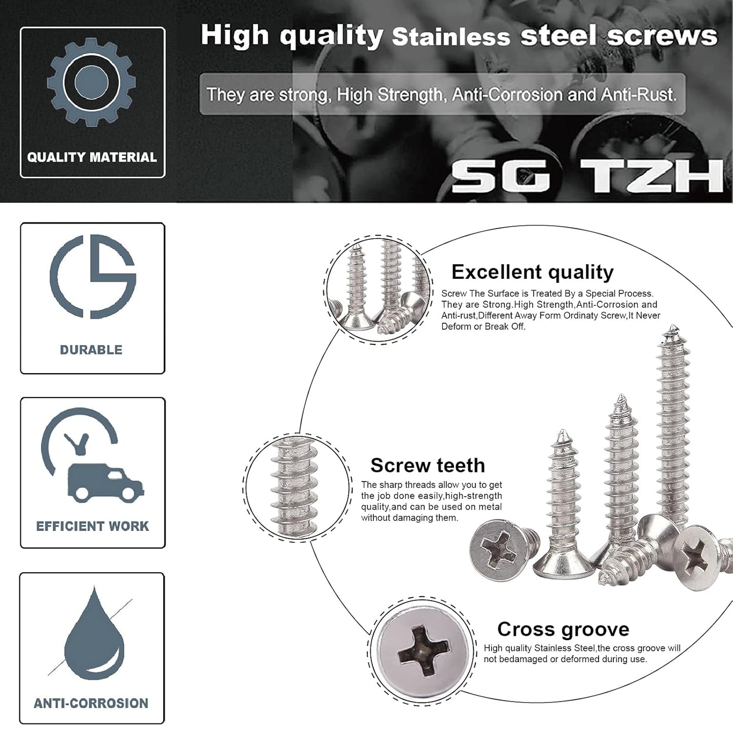 #7 x 1-1/4" Wood Screw 100Pcs 18-8 (304) Stainless Steel Screws Flat Head Phillips Fast Self Tapping Drywall Screws by SG TZH