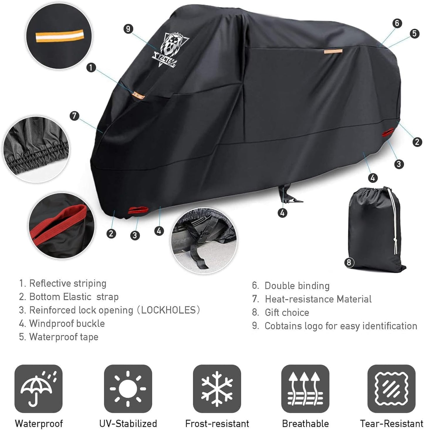 XYZCTEM Motorcycle Cover -Waterproof Outdoor Storage Bag, Made of Oxford Material Fits up to 87 inch, Compatible with Harley Davison and All Motors (Black& Lockholes& Professional Windproof Strap)