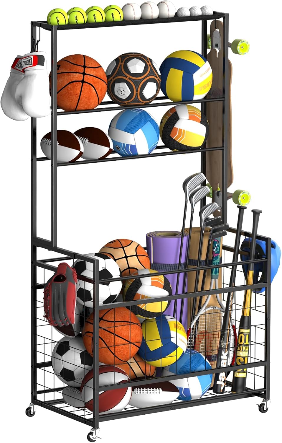 smusei Sports Equipment Organizer Garage Basketball Ball Holder for Sports Gear and Toys Garage Ball Storage Rack Cart with Wheels and Hooks for Volleyball Football Basketball, Indoor/Outdoor, Black