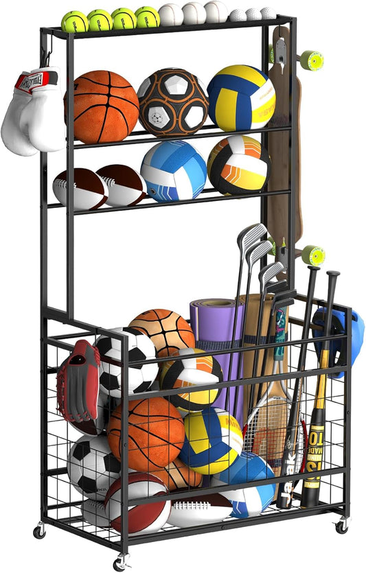 smusei Sports Equipment Organizer Garage Basketball Ball Holder for Sports Gear and Toys Garage Ball Storage Rack Cart with Wheels and Hooks for Volleyball Football Basketball, Indoor/Outdoor, Black
