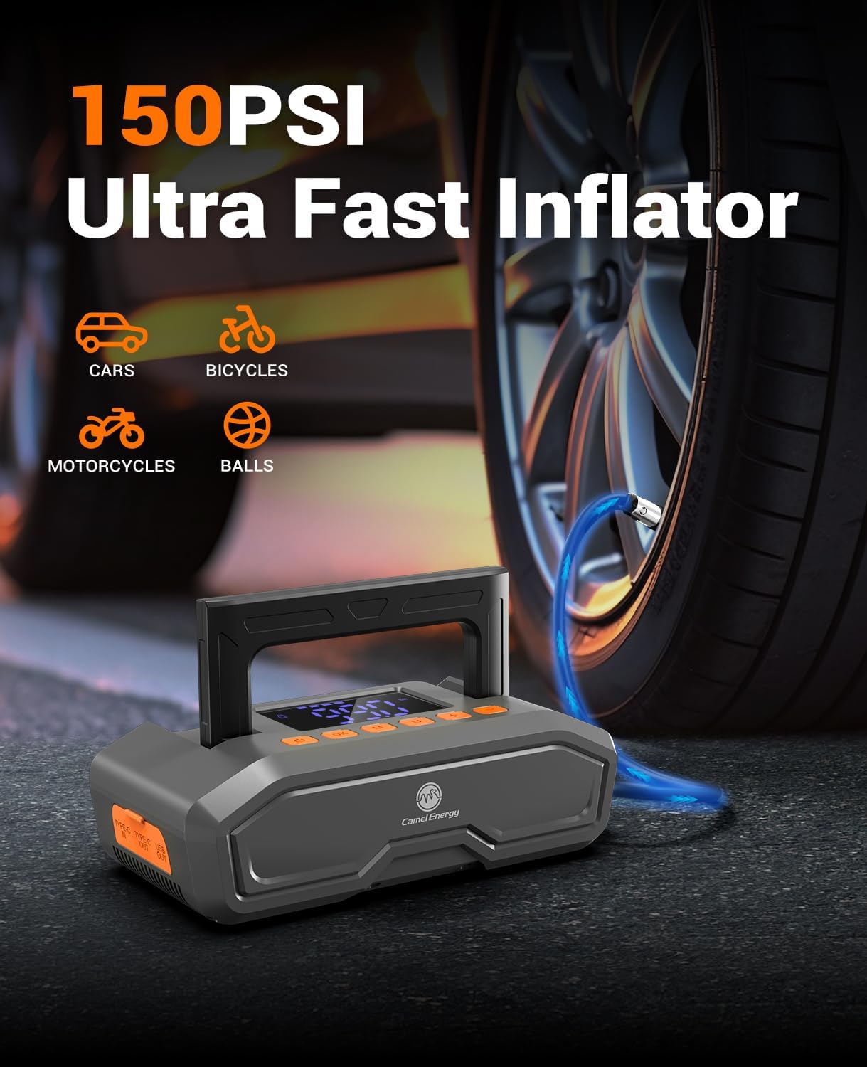 Jump Starter with Air Compressor, 4000A Peak Car Battery Jumper for 9L Gas, 8L Diesel - Portable 12V Battery Charger Booster with 150 PSI Tire Inflator, Jump Box Car Battery Jumper Starter Portable