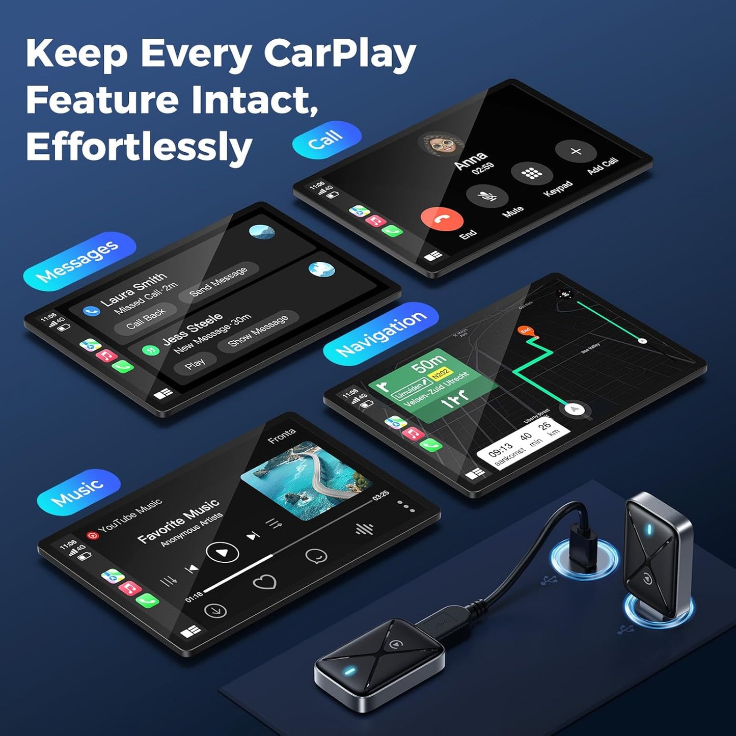 Wireless CarPlay Adapter for iPhone, Mini Size for Apple CarPlay Adapter, Convert Wired to Wireless with Extension Cable USB & USB-C/Type-C, Stable Control & No Delay, Black