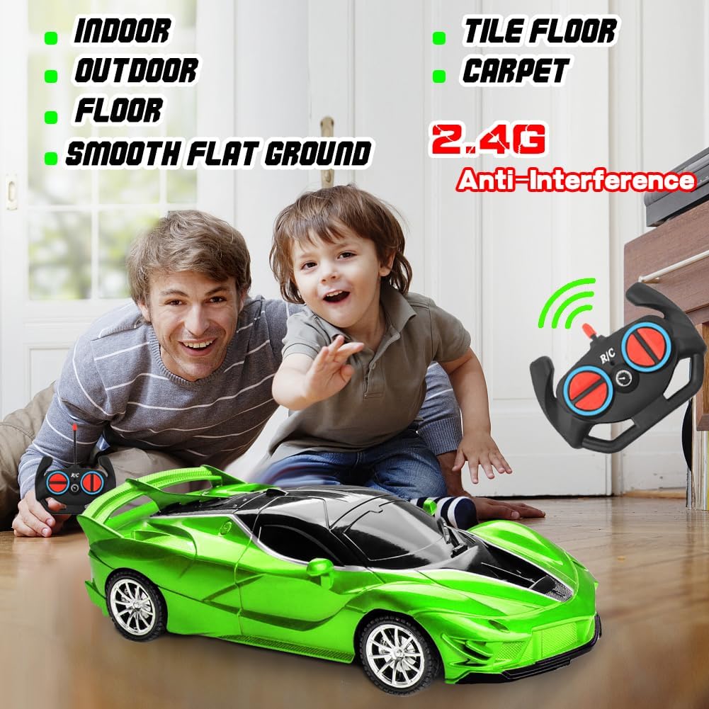 RC Cars - Remote Control Car for Kids, 2.4GHz Sport Racing Hobby Electric High Speed Drift Model Vehicle with Led Headlight and 2 Controller Rechargeable,Toys Car for Boys Age 4-7 8-12(Green)