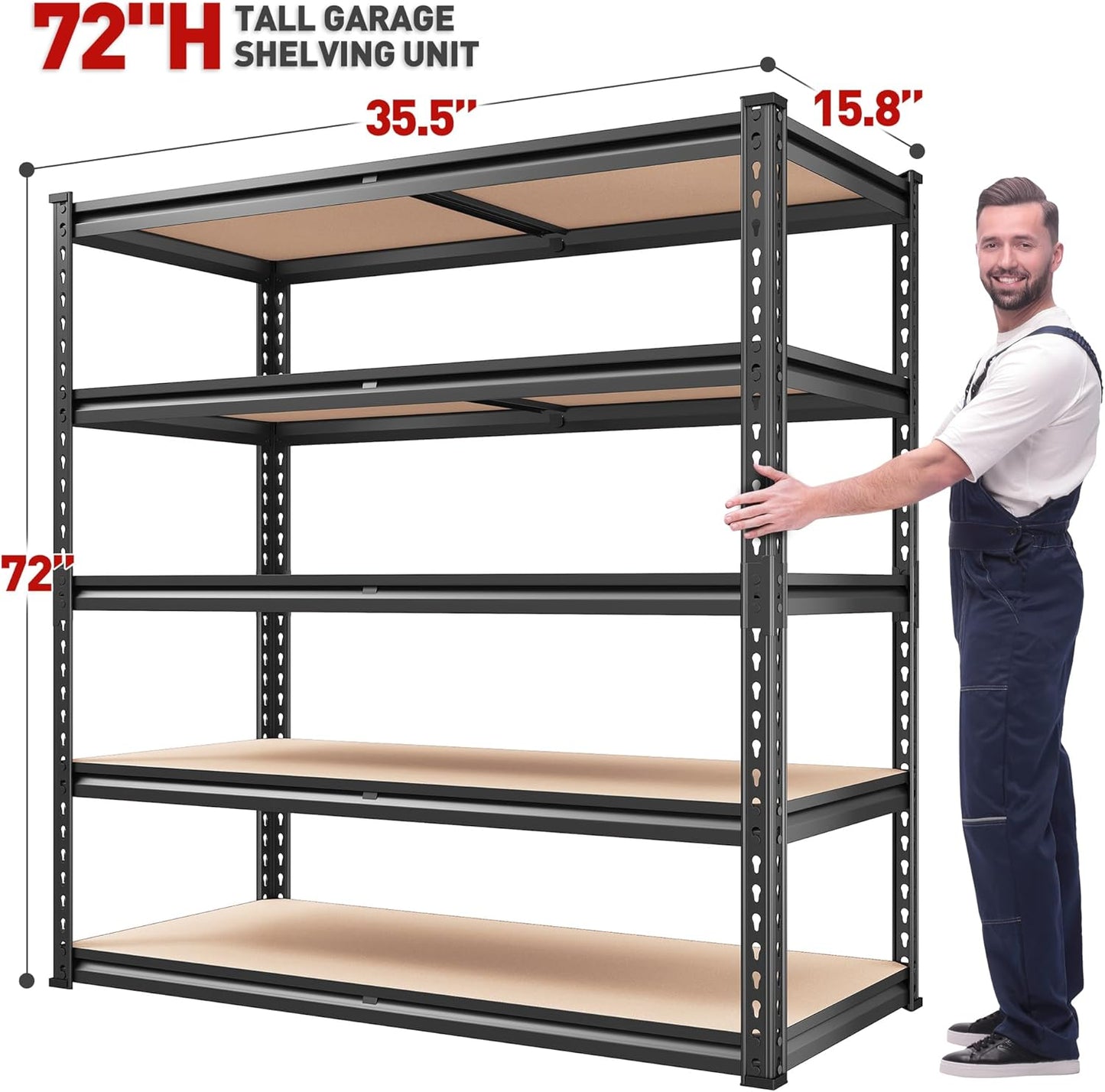REIBII 2000LBS Garage Shelving Heavy Duty 72''H Storage Shelves 5 Tier Heavy Duty Shelving, Adjustable Metal Shelves for Basement Pantry 35.5" W x72 H x 15.8" D, 4 Pack
