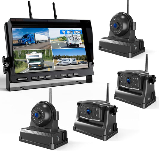 Magnetic Wireless Backup Camera: 10" HD 1080P DVR Monitor with 2 Rear View 2 Side View Cameras for Travel Trailer/Fifth Wheels/RV/Camper, Portable Rechargeable Battery BC104