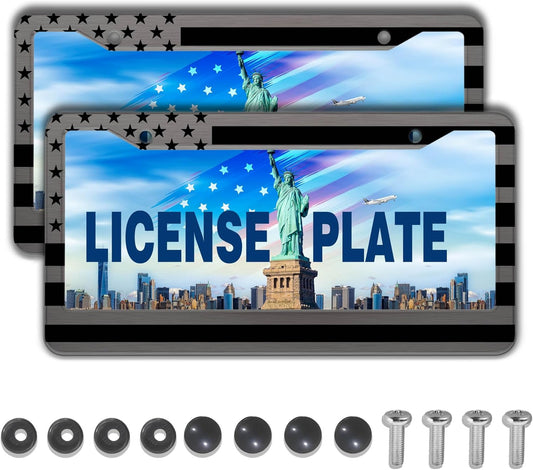 License Plate Frames Metal License Plate Frame American Flag Stainless Steel Texture Universal Aluminum Car Accessory 2 Pack with Screw Covers Set