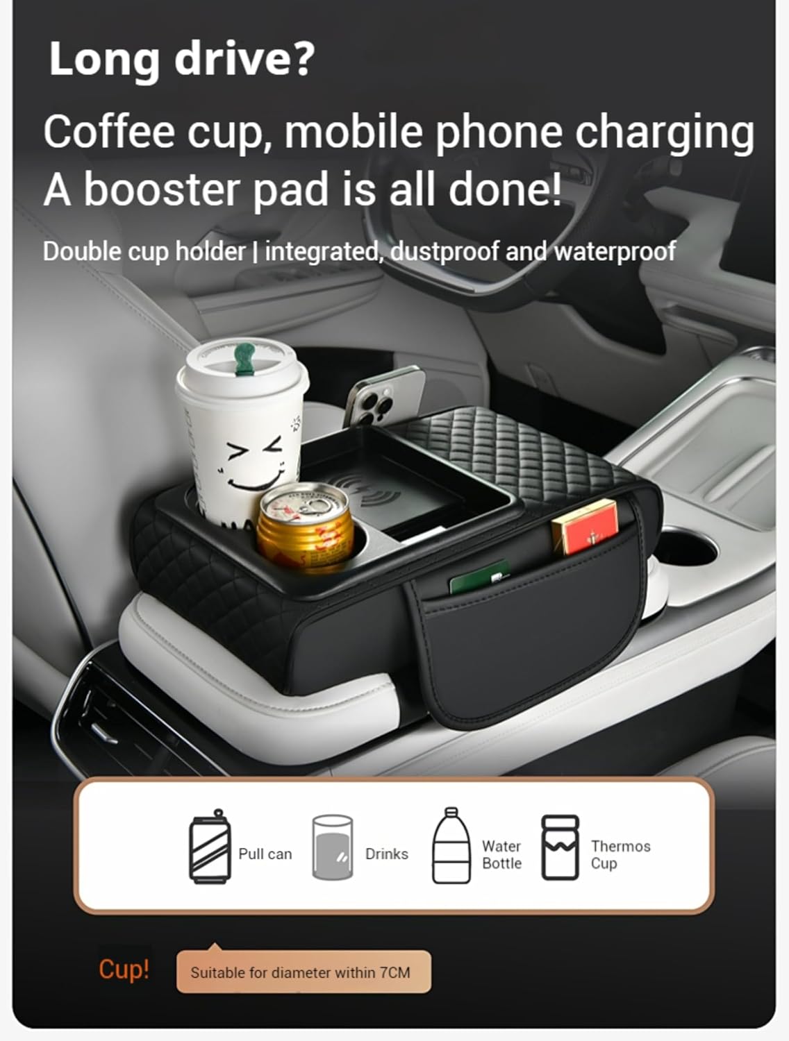 Upgrade Arm Rest Cover for Car, 5-in-1 Middle Console Cover Cushion Pad with Cup Holders & Side Pockets, Center Armrest Storage Box, Black