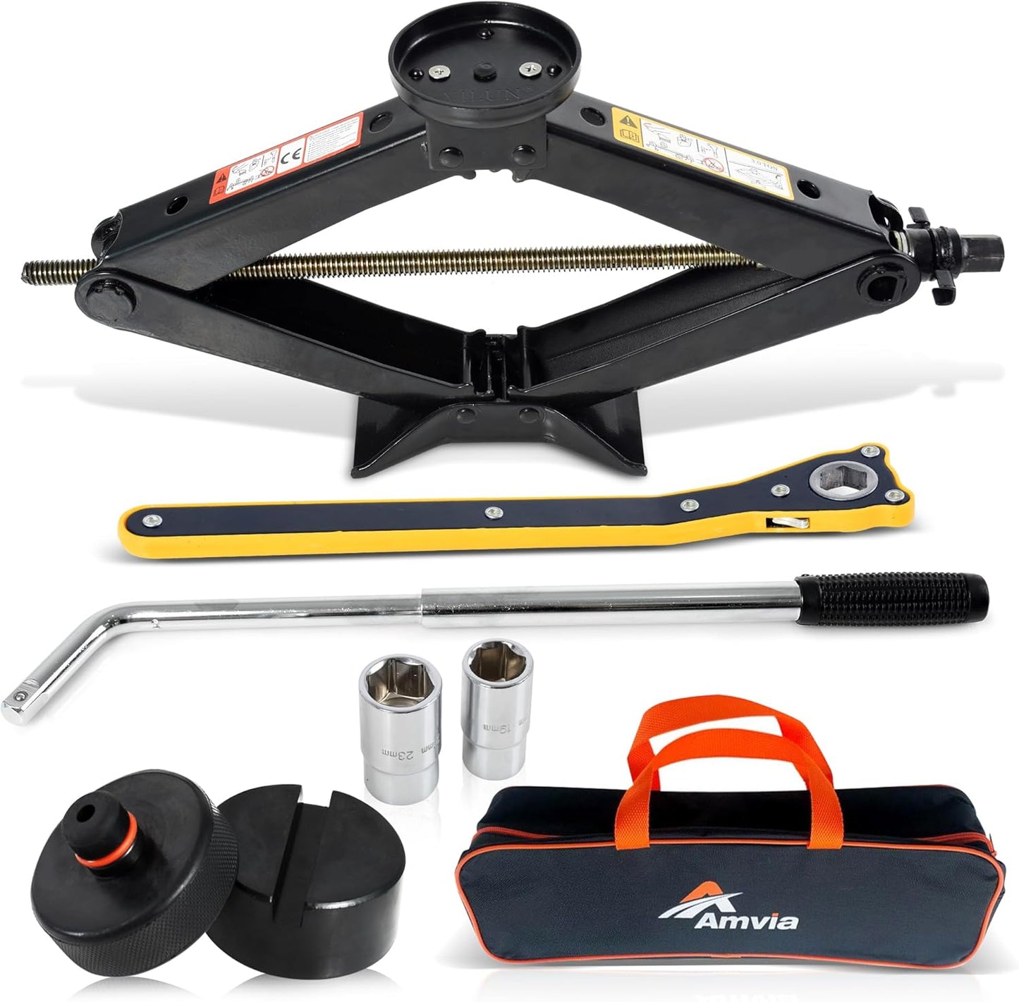 Car Jack Kit with Tesla Pad & Universal Rubber Pad | Scissor Jack for Car 3 Ton (6,600 lbs) - Tire Jack Tool Kit | Portable, Ideal for SUV and Auto - Universal Car Emergency Kit with Lug Wrench