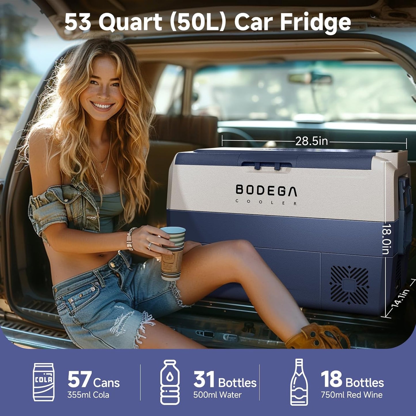 BODEGACOOLER 12 Volt Car Refrigerator,53 Quart Portable Fridge Dual Zone -4℉-68℉,50L Car Freezer APP Control,Electric Compressor Cooler 12/24V DC and 100-240V AC for RV,Camping,Travel,Truck,Vehicles