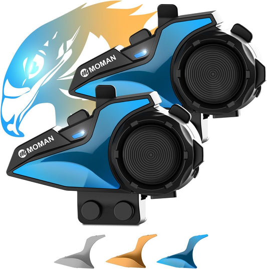 Motorcycle Intercom Headset, Moman H2E Eagle-Like Communication System with Dual Chips for Audio Multitasking HiFi Sound/Music Sharing/FM/AI Voice (2Pack), Motorcycle-Intercom-Helmet-Headset-Headphone