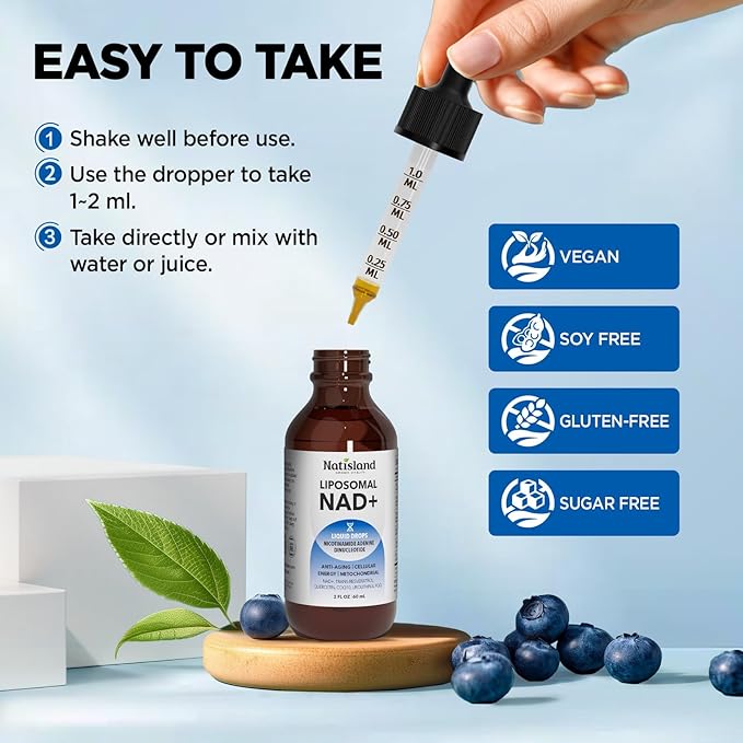 Liposomal NAD Supplement, 1000mg NAD+ Liquid Drops for Women & Men, with Resveratrol, Urolithin A, Quercetin, CoQ10 & PQQ, for Cellular & Metabolism Health, Energy & Anti-Aging, 2 Fl Oz