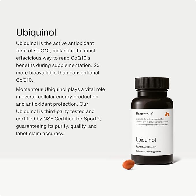 Momentous Ubiquinol - 42 g Plant-Based CoQ10 Softgel Supplement for Foundational Health Support - NSF Certified for Sport - GMO- & Gluten-Free - 30 Servings