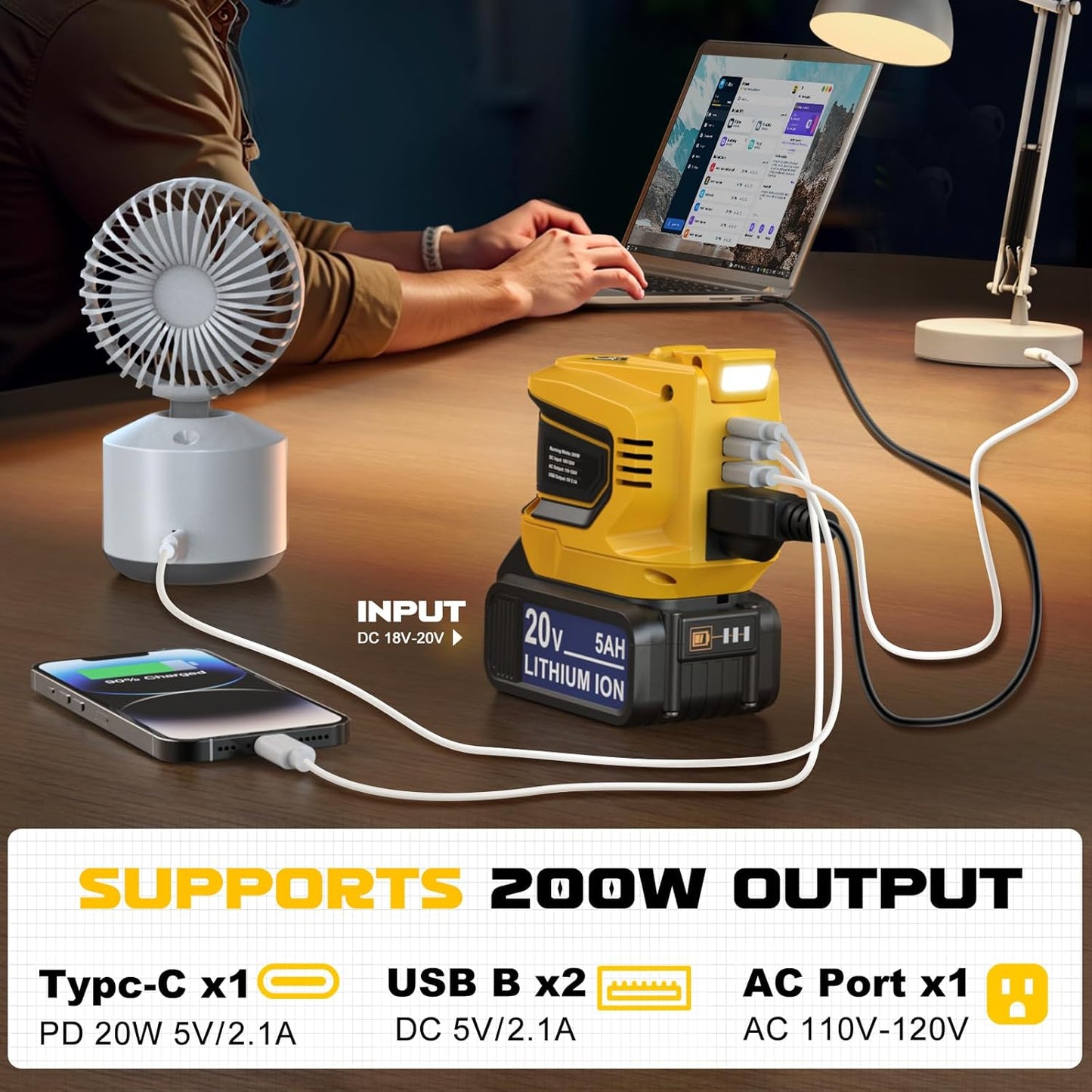 Power Inverter 200W Portable Power Station Generator Compatible with DeWALT 20V,20v to AC 110v,Supply Charger Adapter with Dual USB,AC Outlet and Type-C with 5Ah Battery & Charger Station Kit