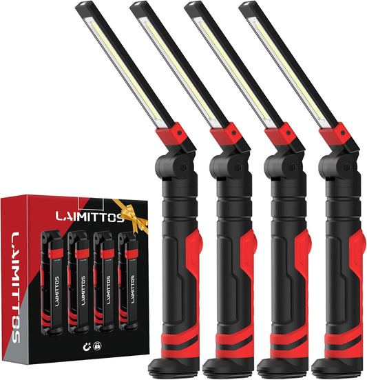 Rechargeable Work Light 2500mAh Magnetic LED Work Light Flashlight Mechanic Light Tool Gifts for Men Him, Foldable Lamp with Hook for Car Repair Emergency BBQ Grill (4 Pack)
