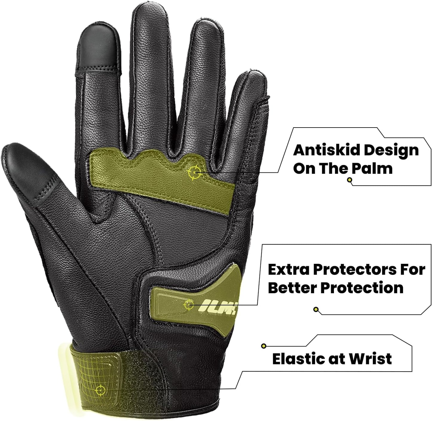 ILM Goatskin Leather Motorcycle Motorbike Powersports Racing Gloves Touchscreen for Men and Women Model DN01(L, Black Unperforated)