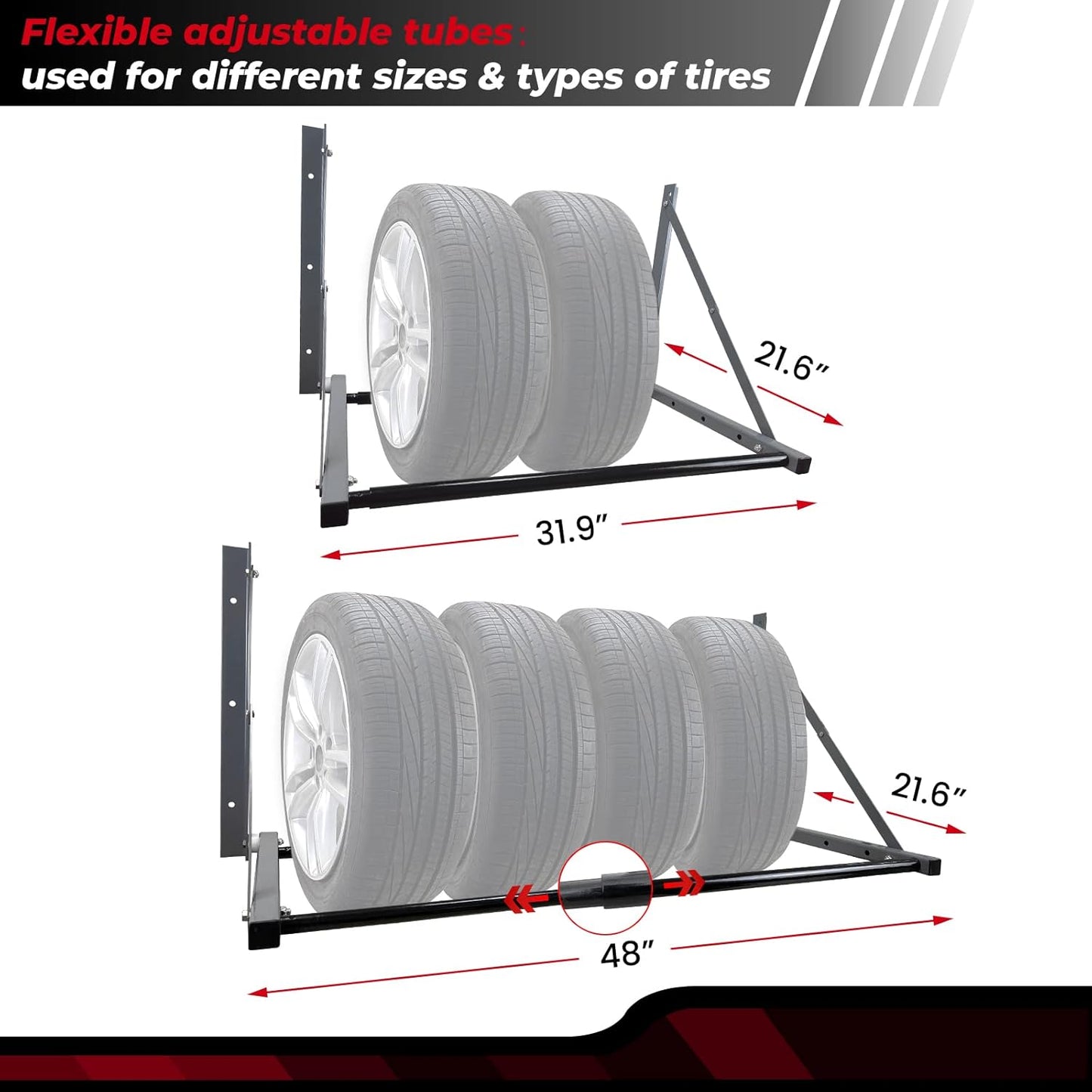 Tire Storage Rack for Garage, Folding Tire Rack Wall Mount with Heavy Duty Steel, Adjustable Multi-Tire Wheel Storage(32"-48") x 22" x 22", Grey