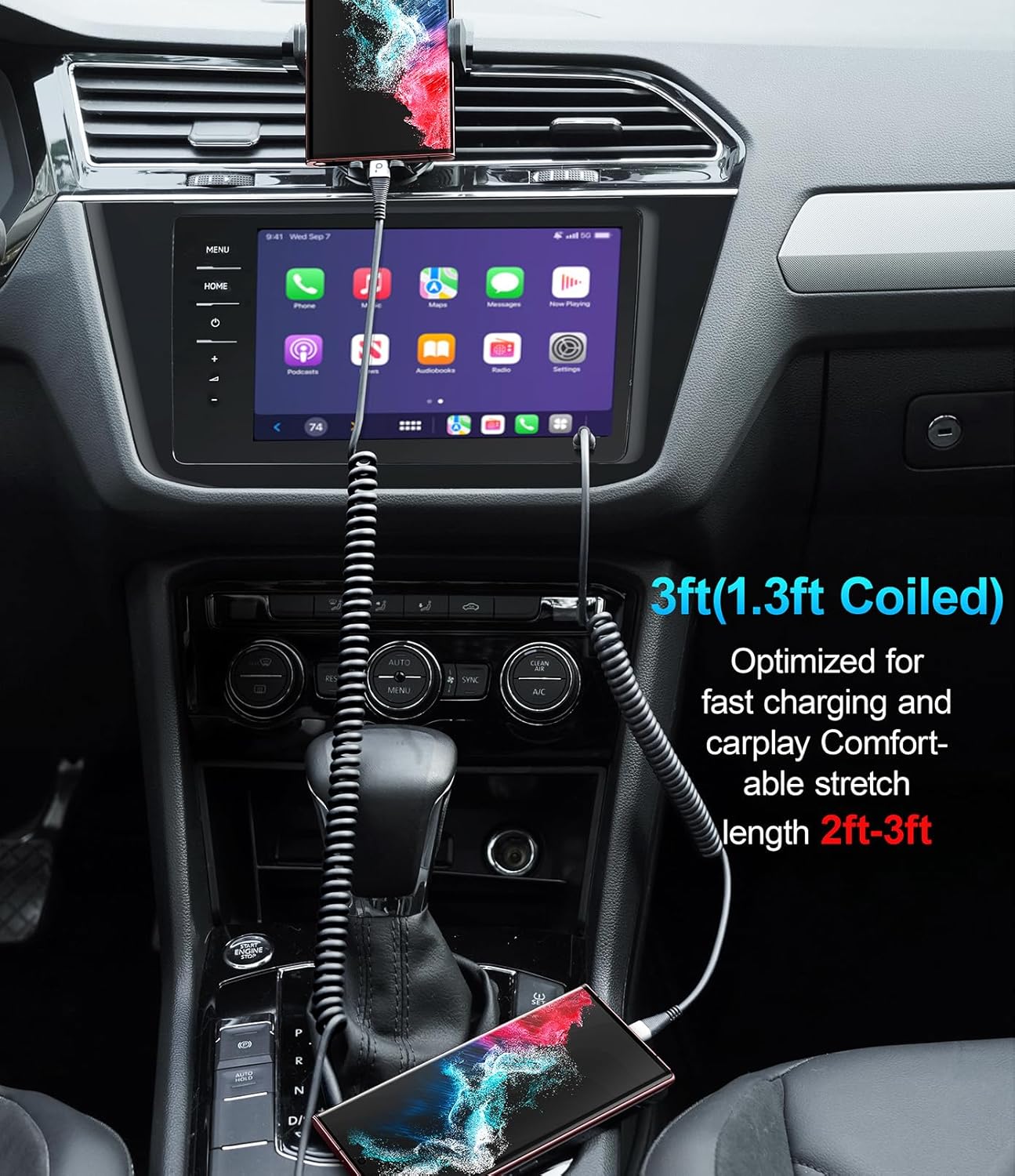 Coiled USBC to USBC Cables for Car 3FT/5FT, USB C to USB C Fast Charging Cables Short Type C Cord for iPhone 16/15/Pro/Plus/Pro Max/Samsung Galaxy S23, Compatible All Type C Devices-Silver 2Pack