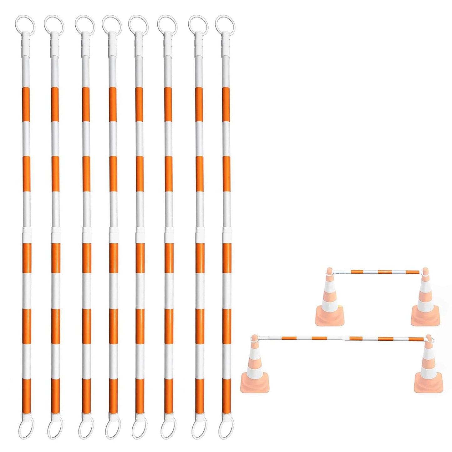 8-Pack Retractable Traffic Safety Cone Bar - 4Ft to 8.8Ft Expandable - PVC Extendable Barricade with Reflective Strips - for Road Construction, Parking-Cone Not Included