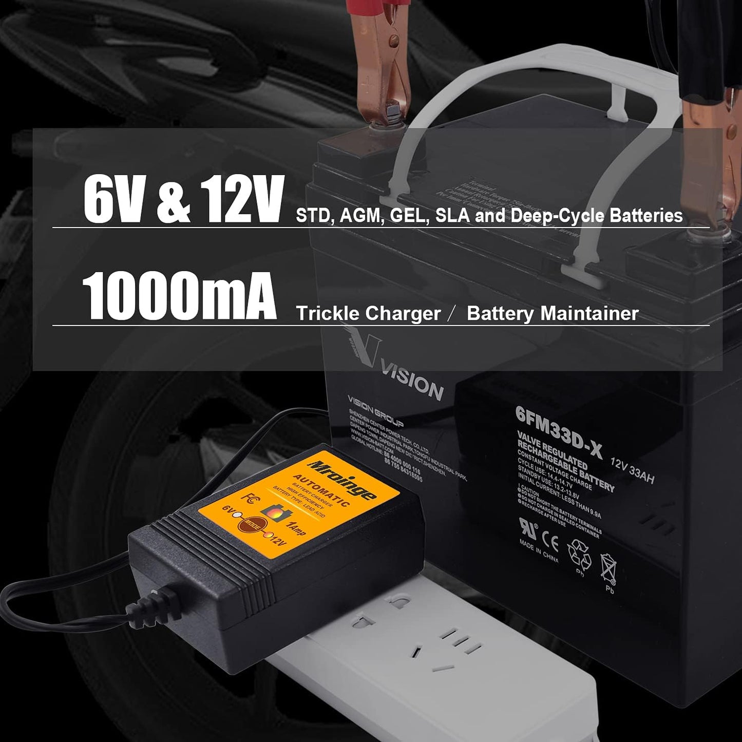 MBC016, 6V / 12V 1A Fully Automatic Trickle Battery Charger/Maintainer for Automotive Vehicle Motorcycle Lawn Mower ATV RV Powersport Boat, Sealed Deep-Cycle AGM Gel Cell Lead Acid Batteries
