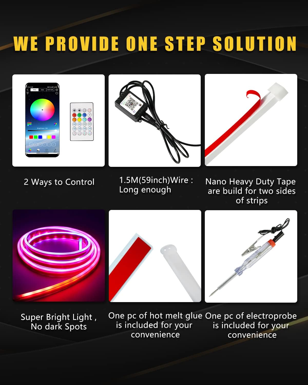 YM E-Bright Car Led Lights Exterior RGB Hood Light Strip Waterproof Multicolor Dynamic Scan Start Up Hoodbeam Kit DRL Daytime Running Lights for Cars,Truck,SUV,APP Remote Control,12V 59inch