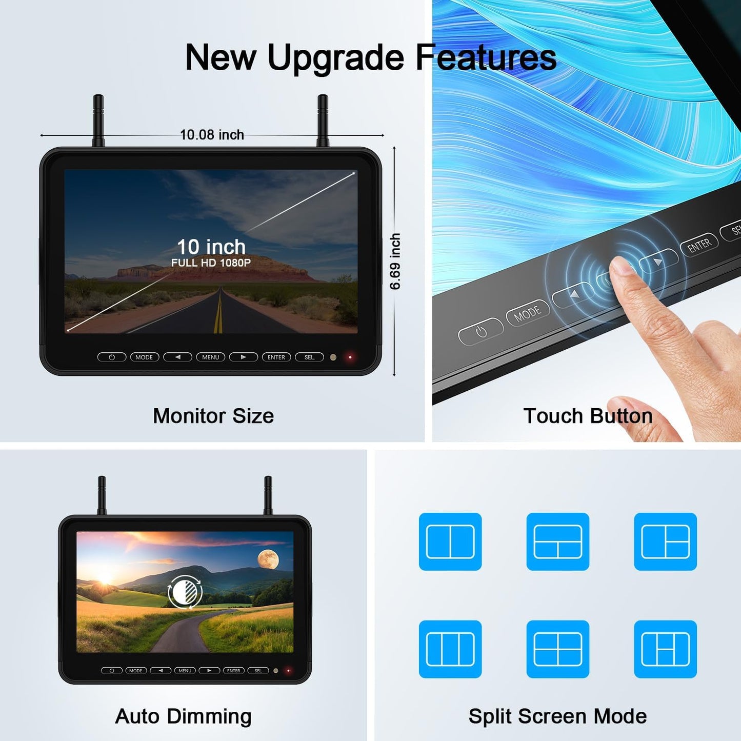 Fookoo HD 10" Wireless 4 RV Backup Camera System for Furrion Pre-Wired RV Truck Trailer, 10" IPS Monitor, 2 Side View 2 Rear View Cameras, Split Screen IR Night Vision Recording Waterproof - D10Y4