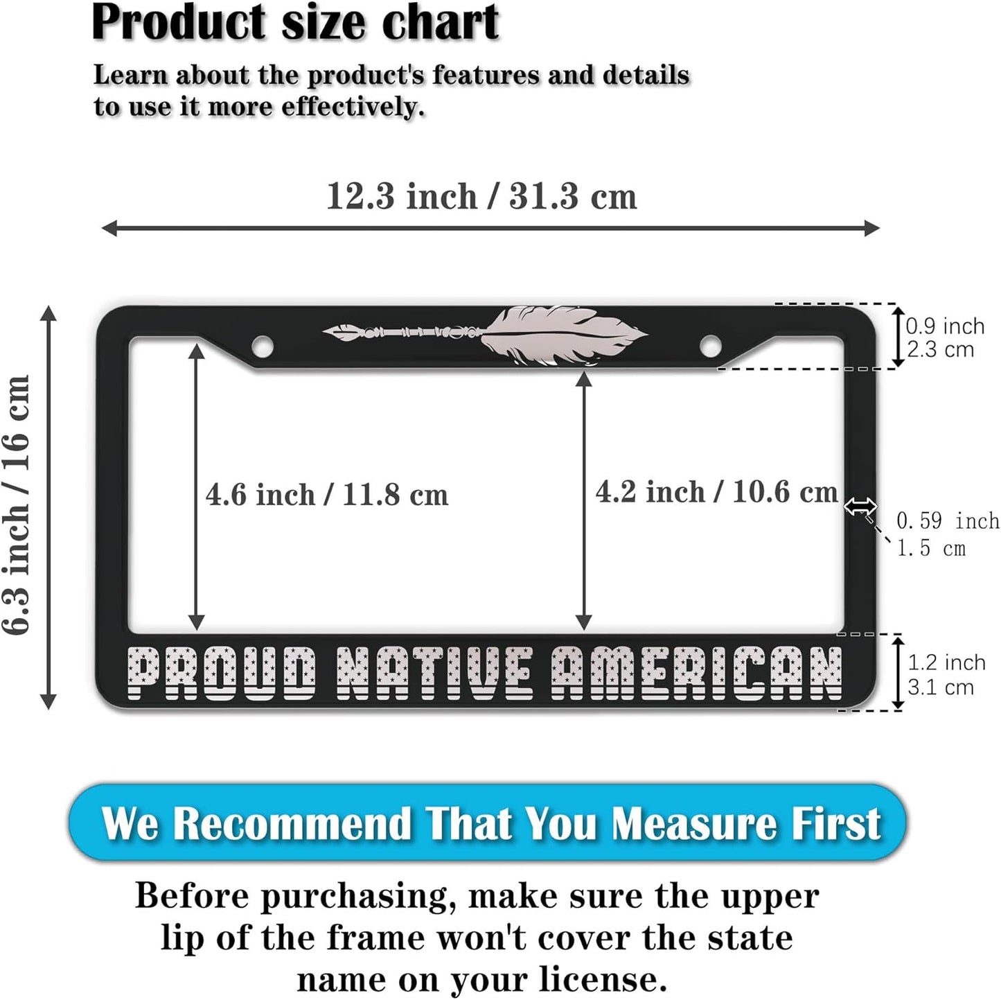 License Plate Frames Black and White License Plate Holder Proud Native American Universal Aluminum Car Accessory 2 Pack with Screw Covers Set