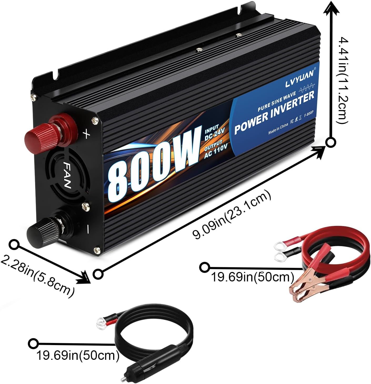 LVYUAN 800 Watt Pure Sine Wave Power Inverter 24V to 110V/120V DC to AC Converter with Dual Sockets, Dual USB Ports, LED Display for Home Outdoor RV Car Power Inverter Power Adapter