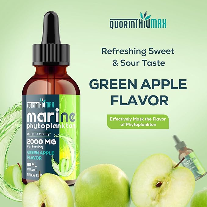Marine Phytoplankton Drops 2000mg - High Absorption Phytoplankton Supplement with Wheatgrass & Fo-ti for Cellular Wellness, Hair Growth, Energy & Immunity - Green Apple Flavor, 2 fl oz (Pack of 1)
