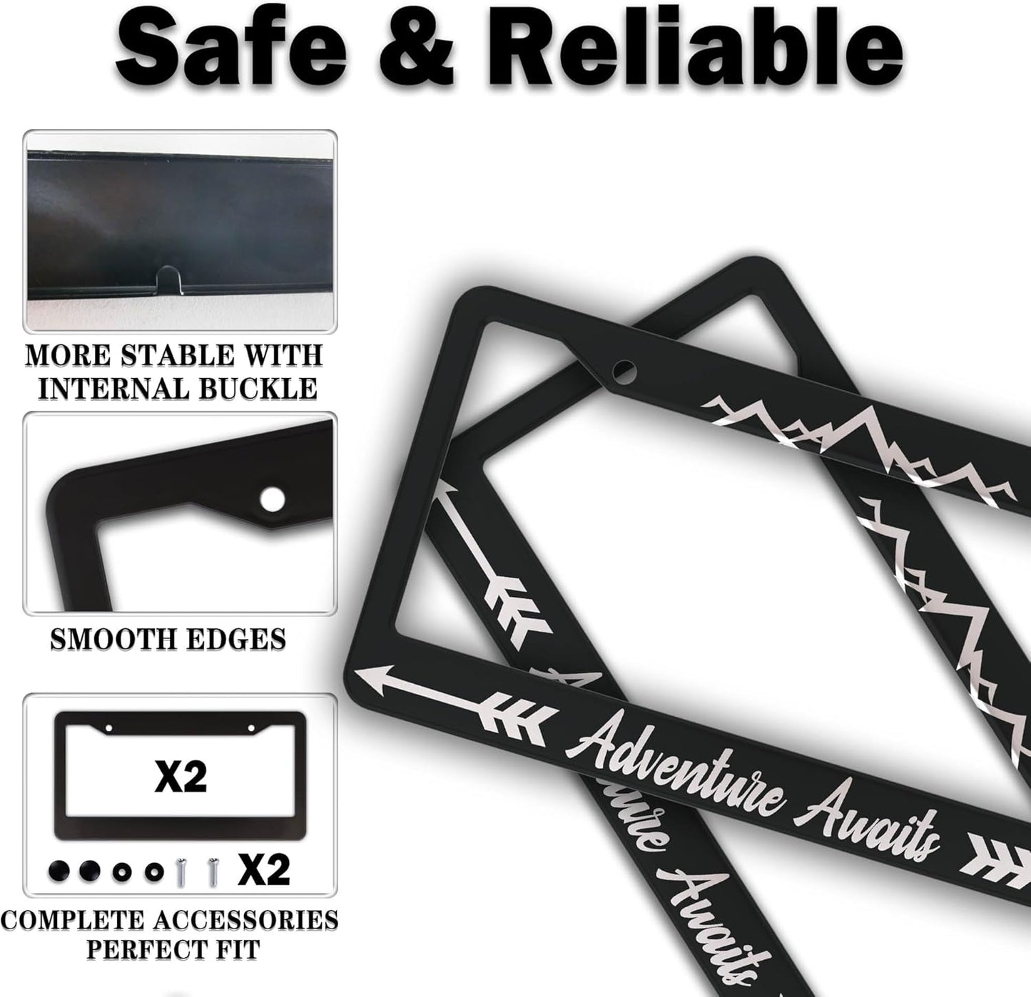 License Plate Frames Black and White Custom License Plate Frame Adventure Awaits Aluminum Metal Car Accessory 2 Pack with Screw Covers Set