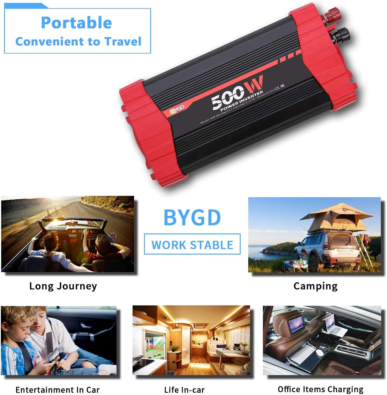 BYGD 500W Power Inverter, Car Charger Adpater DC 12V to AC 110V Car Power Converter 4 USB Quick Charging Ports and Dual AC Outlets Car Charger Adpater with Cigarette Lighter Cable and Battery Clamps