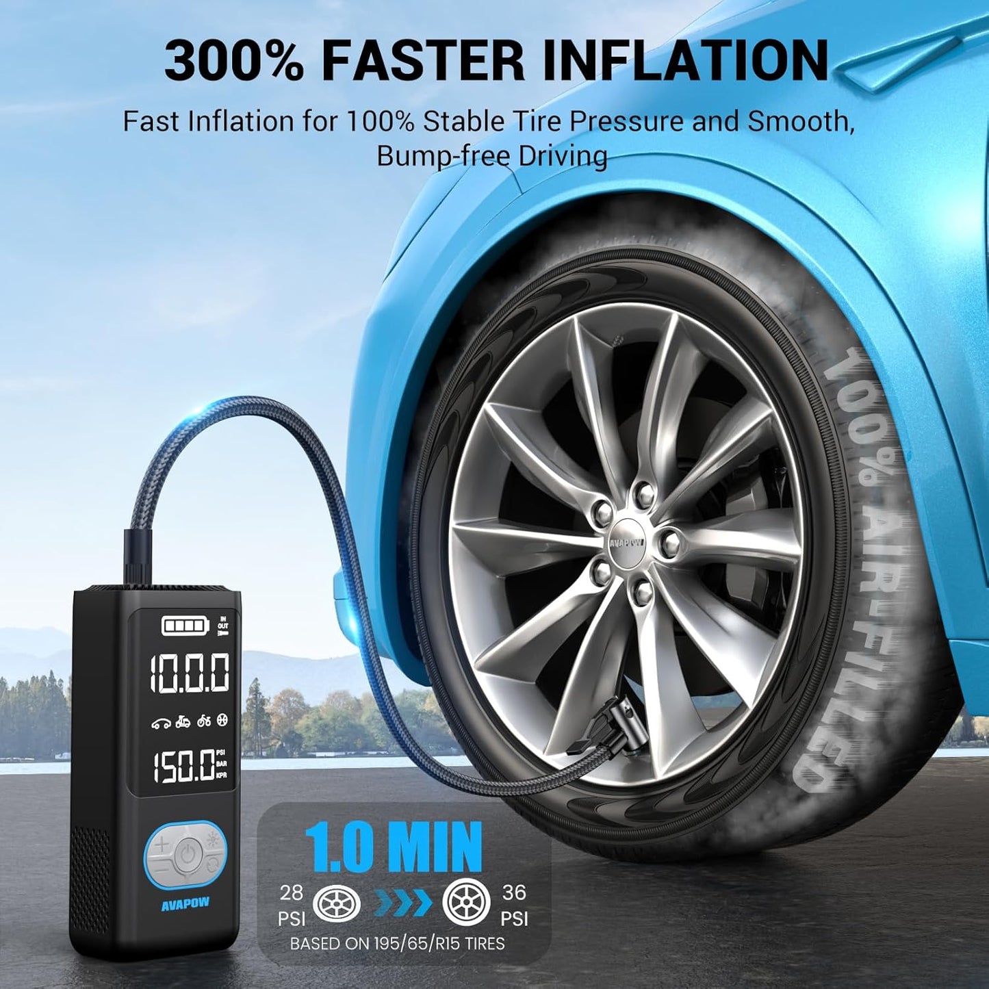 AVAPOW AP18 Tire Inflator Portable Air Compressor, 300% Faster 150 PSI Cordless Air Pump with Tire Pressure Gauge, 3.7″ Dual LCD Screen, Auto-Shuts Off Tire Pump for Car, Motorcycle, Bicycle, Black