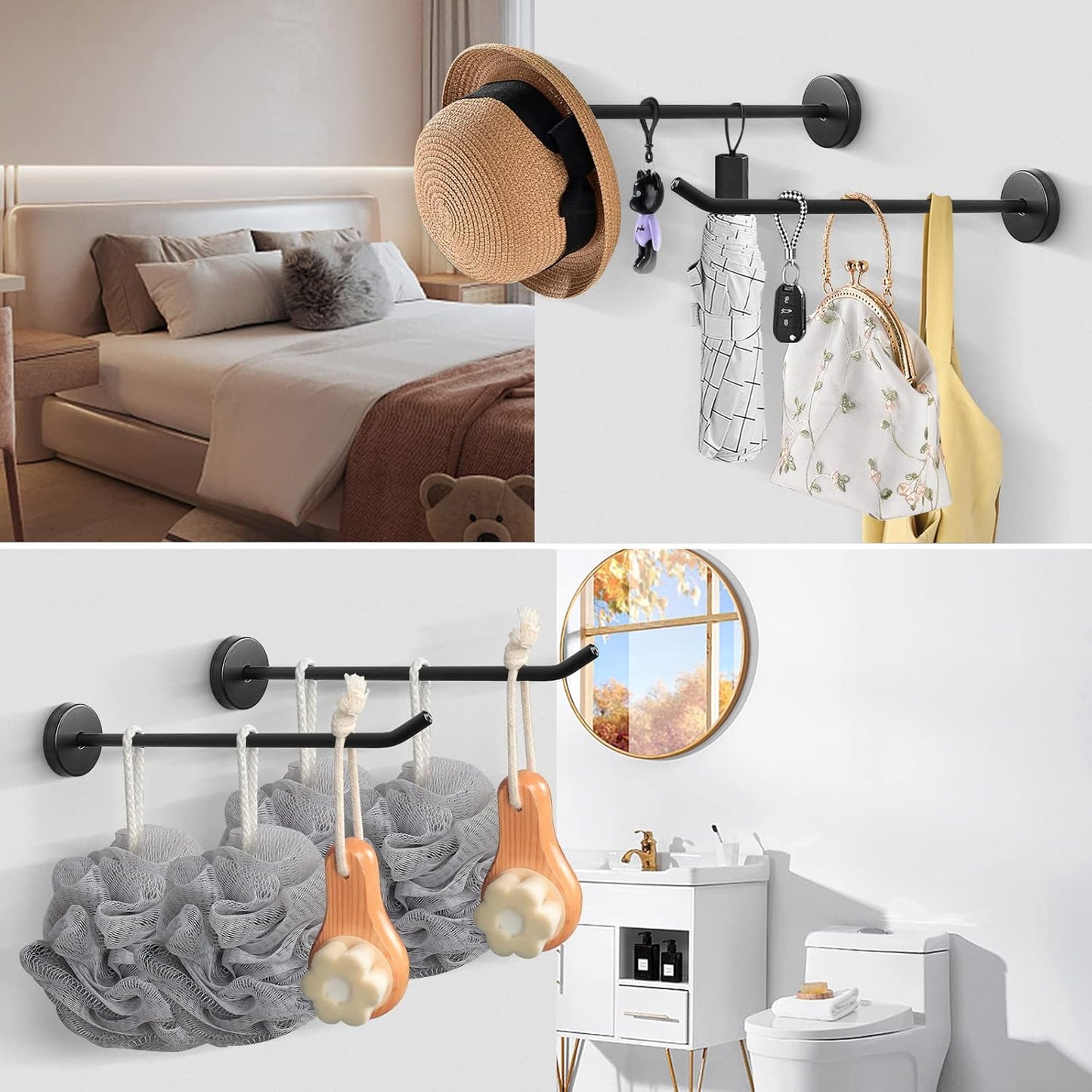 NearMoon Coat Hooks, Wall Hooks for Hanging Hat Hurse Robe, 304 Stainless Steel Heavy Duty Towel Hangers for Bathroom Livingroom Hotel Kitchen Garage, 6 Pack (8 Inch, Matte Black)