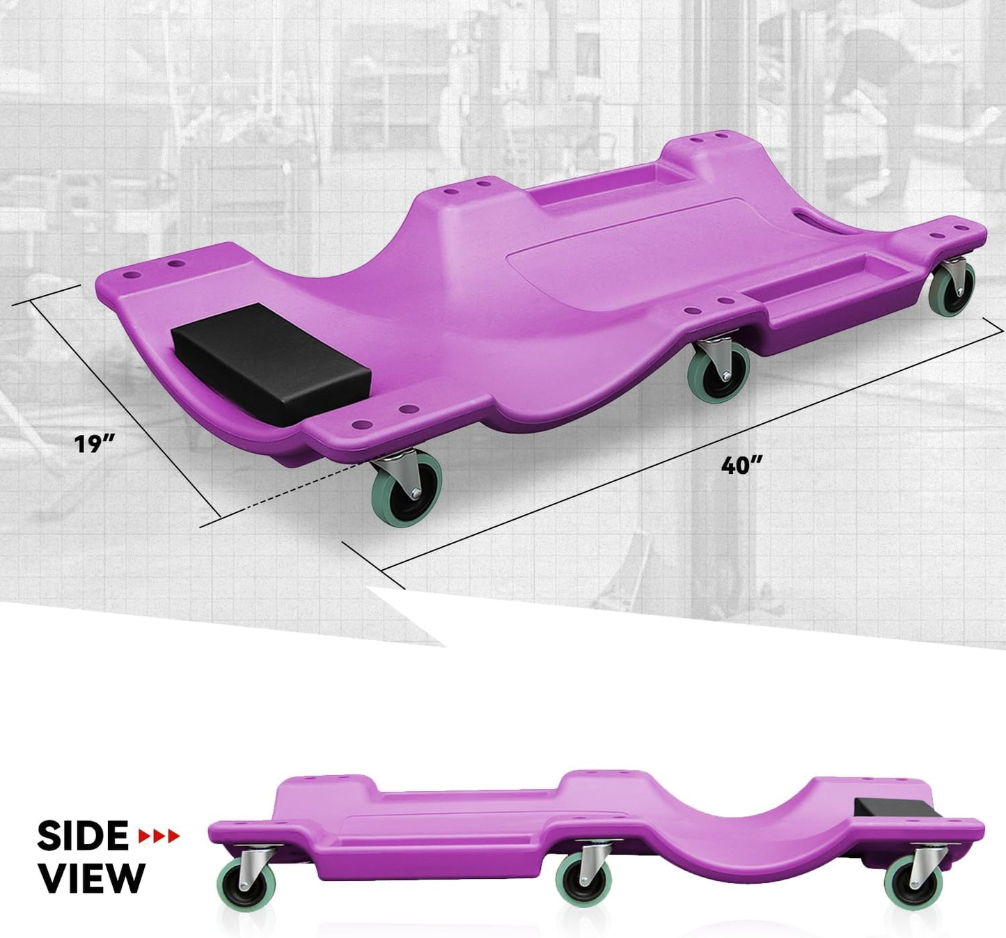 Auto Dynasty 40 Inches Mechanic Creeper, Automotive Garage Repair Low Profile Under Car Rolling Creeper with Padded Headrest, Plastic, Purple