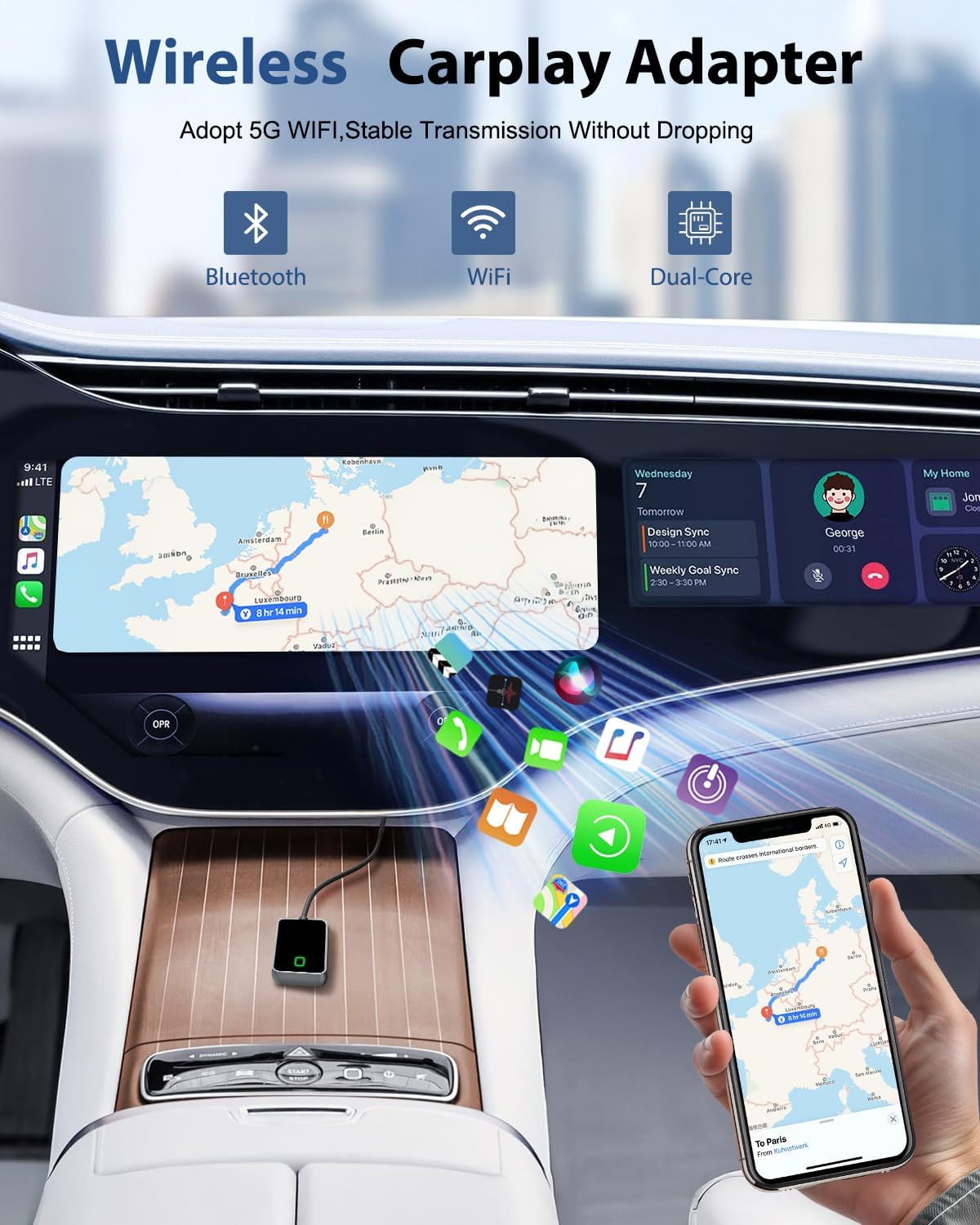 Wireless Carplay Adapter for iPhone, Converts Wired CarPlay to Wireless, Plug and Play Dongle for Apple CarPlay, Bluetooth Control Adapter for Cars from 2016 & Cars with Built-in CarPlay