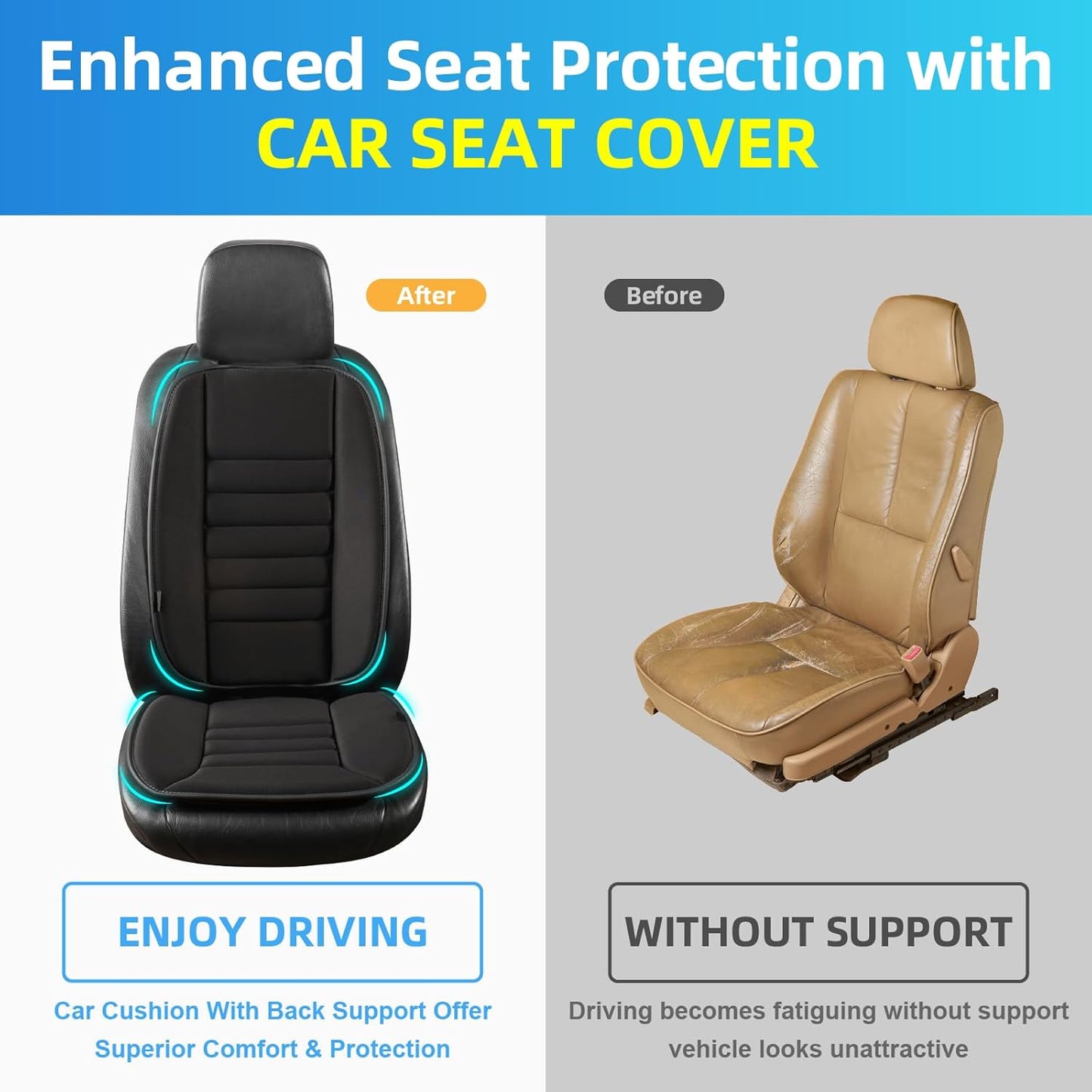 Car Seat Cushion with Back Support Pillow, Comfy Lumbar Support & Seat Cushion, Memory Foam Driving Pillow for Back-Sciatica Pain Relief, Auto Pad Suitable for Car, Truck, SUV - Black