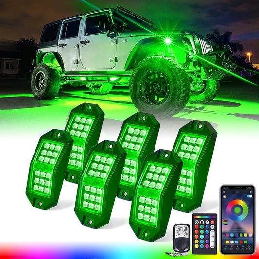 Xprite RGB LED Rock Lights Wide Angle Bluetooth Multicolor Neon Lighting Footwell Underglow Kits w/Wireless Remote, Compatible Jeep Off-Road Trucks Cars UTV ATV SUV RZR Motorcycles Boats 6 Pods