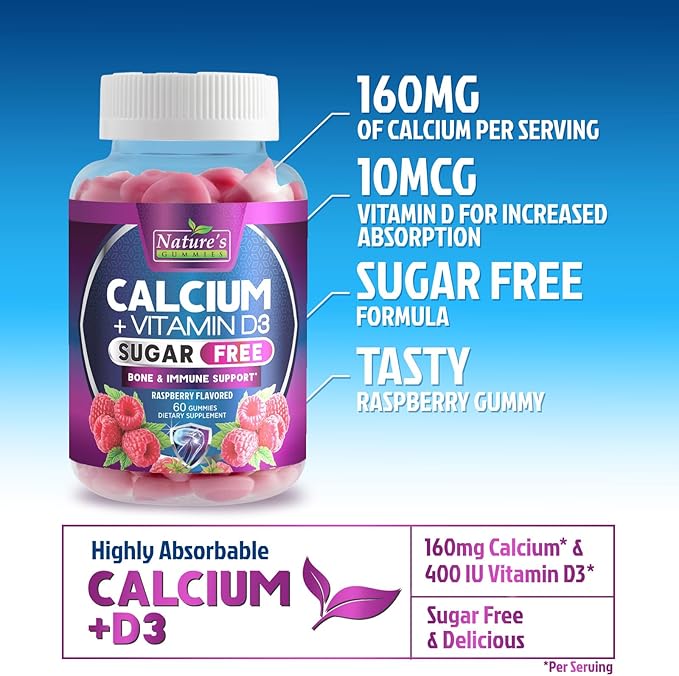Sugar Free Chewable Calcium Gummy Vitamins - Plus 400 IU Vitamin D3 for Bone, Teeth, & Immune Health Support - Calcium Supplements for Women & Men Daily, Non-GMO, Berry Flavored - 60 Gummies