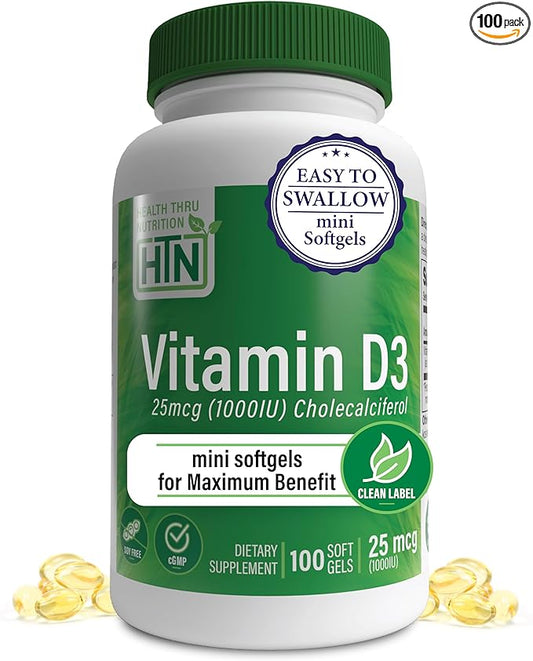 Health Thru Nutrition Vitamin D3 1,000iu 100 Mini Softgels for Maximum Benefit | 25mcg Cholecalciferol | 3rd Party Tested | Non-GMO USP Grade in Organic EVOO | Immune Health Support