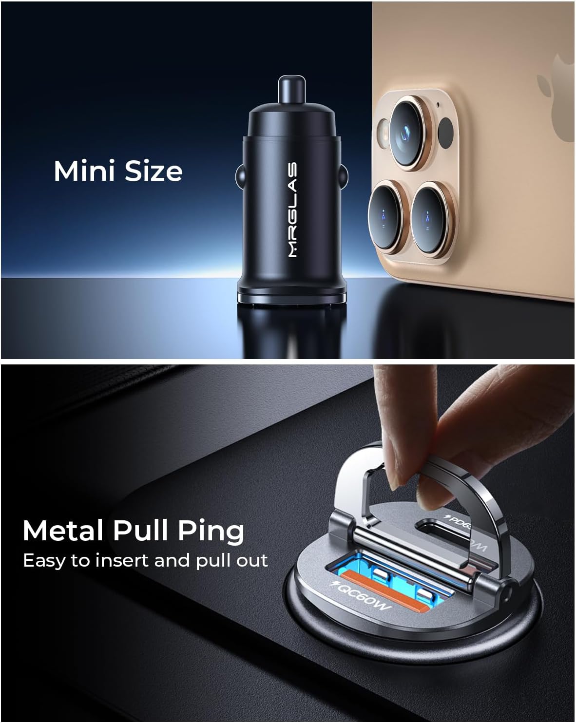 MRGLAS 125W USB C Car Charger Super Fast Charging, [PD65W & QC60W][Extra 3.3ft 60W USB C Cable 90 Degree][All Metal], Cigarette Lighter USB Charger for iPhone 16 Pro Max Plus 15 Samsung S24 S23 iPad