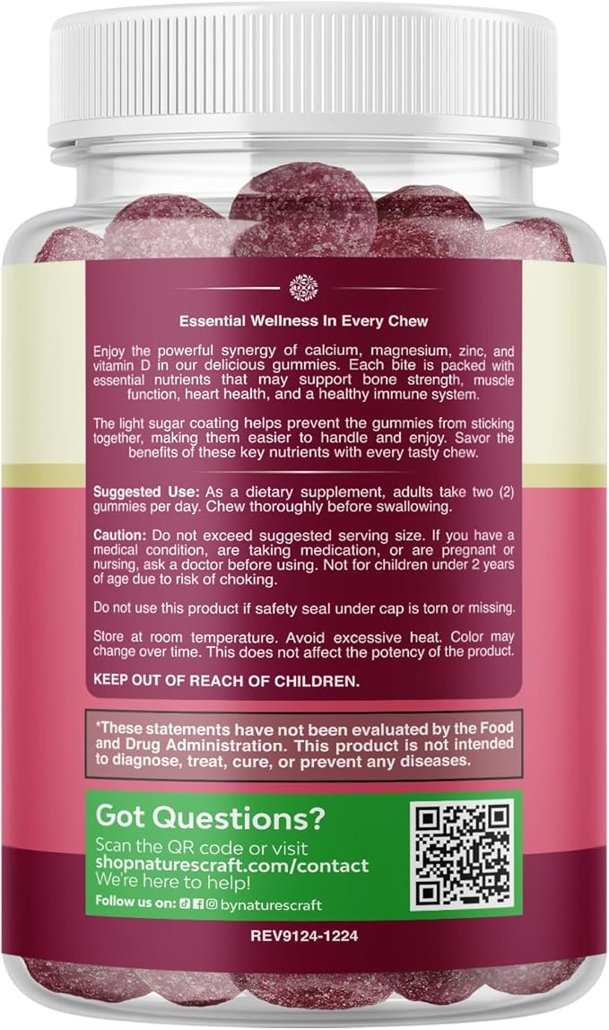 Calcium Magnesium Zinc Gummies - Magnesium Zinc Calcium Supplement Gummies with Vitamin D3 for Teeth and Bone Health - Certified Kosher Non-GMO Gelatin Free & Vegetarian Friendly (1 Month Supply)