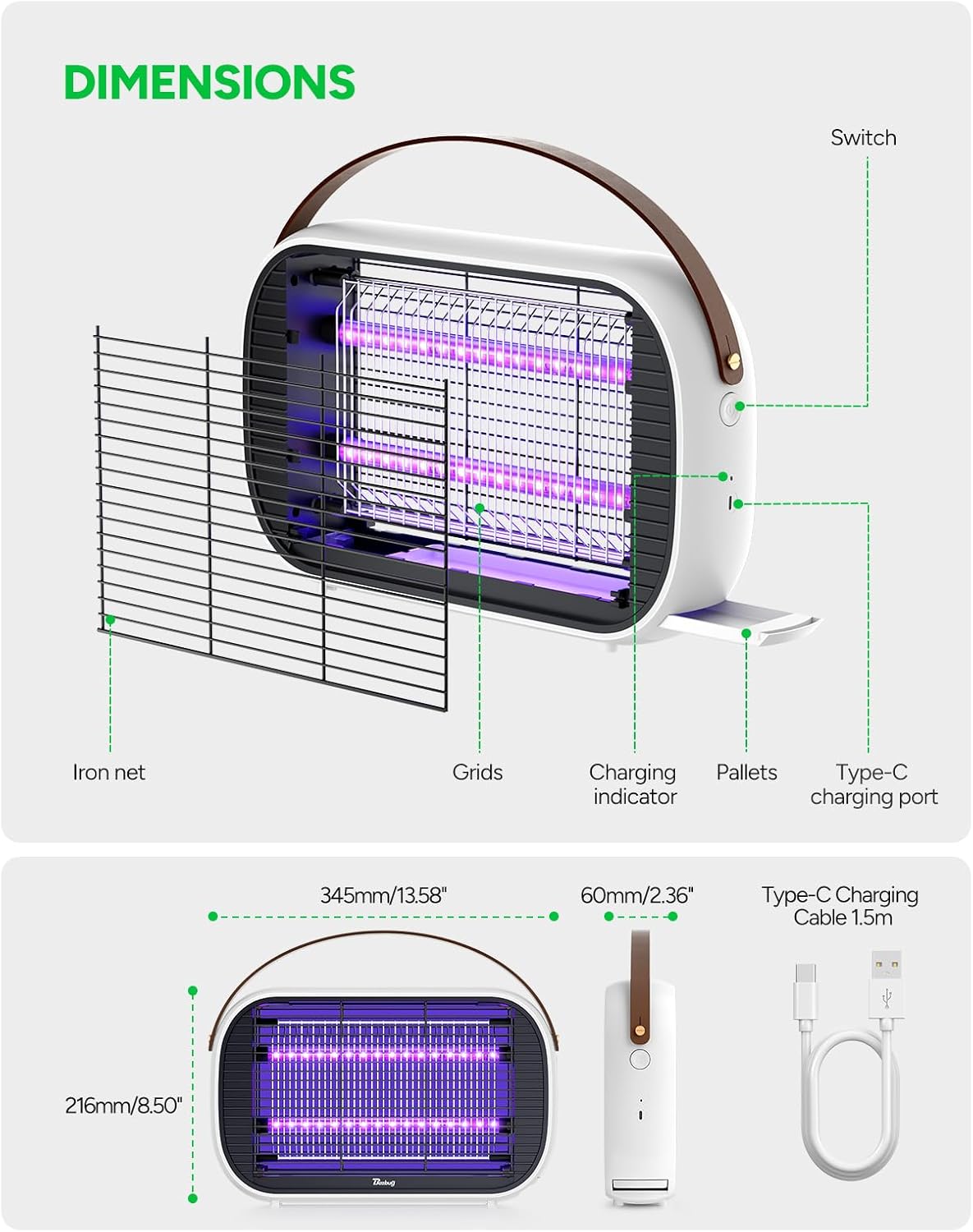 Buzbug LED Bug Zapper Outdoor Indoor, 10 Years Lifespan Lamp, Rechargeable 5200mAh Battery, Portable Camping Fruit Fly Mosquito Moth Gnat Wasp Trap, Killer, Zapper -MA015C (White)
