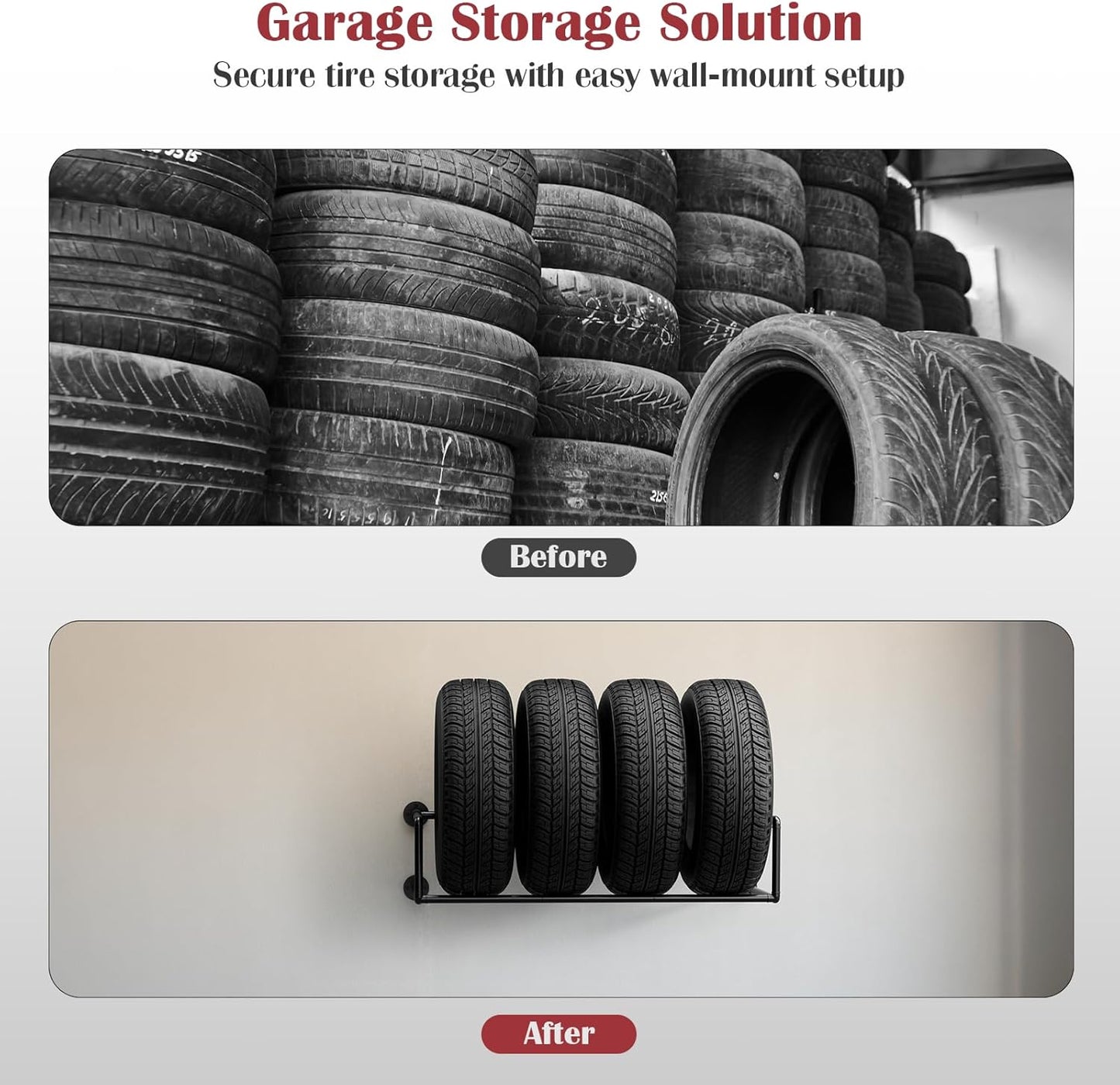 Vrisa Tire Rack Wall Mount Heavy Duty Adjustable Multi Tire Storage Rack with 300LB Weight Capacity Tire Rack for Garage Workshop Repair Shop, Black