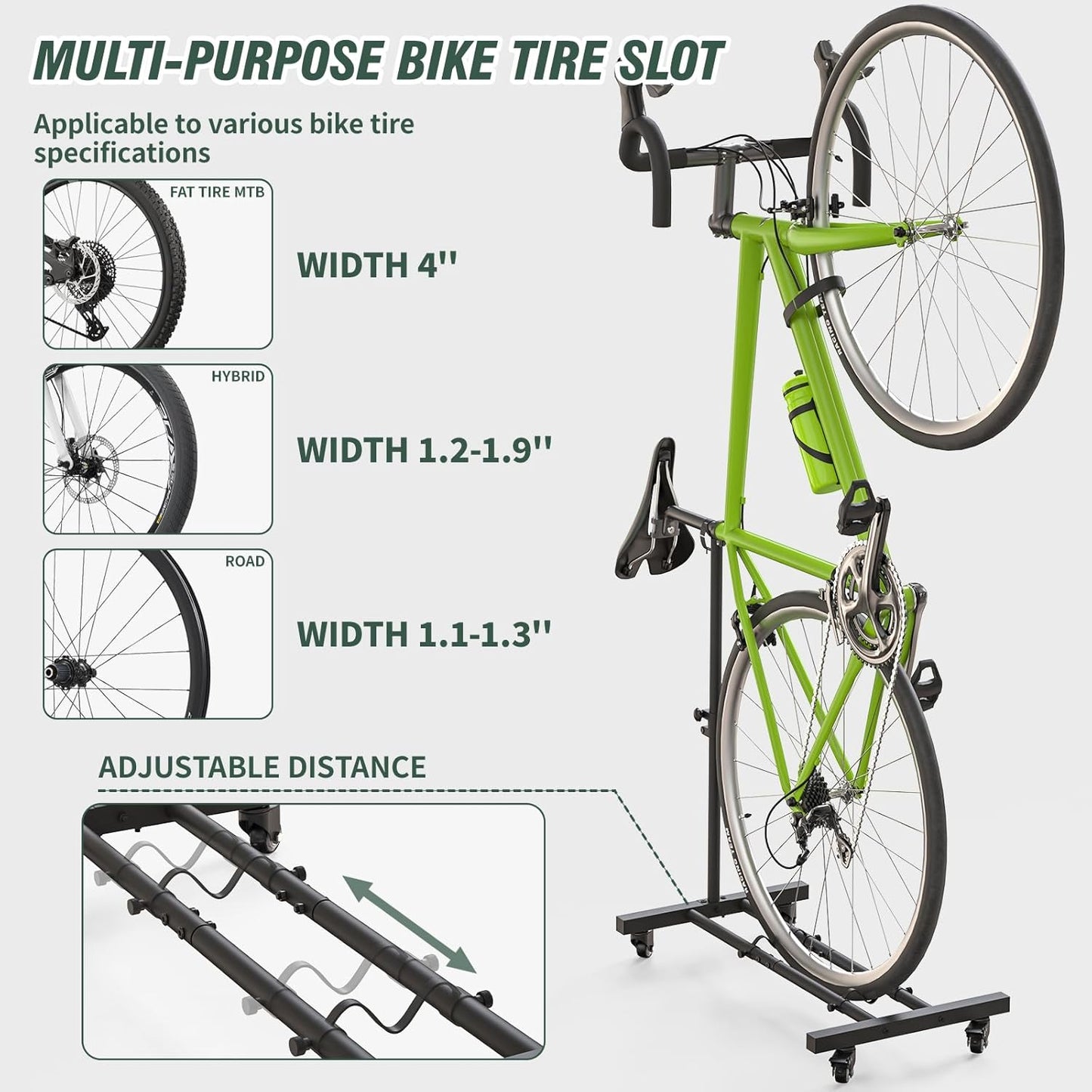 Vertical Bike Stand, Upright Bike Parking Rack Floor, Adjustable Bicycle Storage for Wheels Sizes up to 29", Freestanding Bicycle Organizer with Swivel Casters, Indoor Bike Holder for Garage Apartment