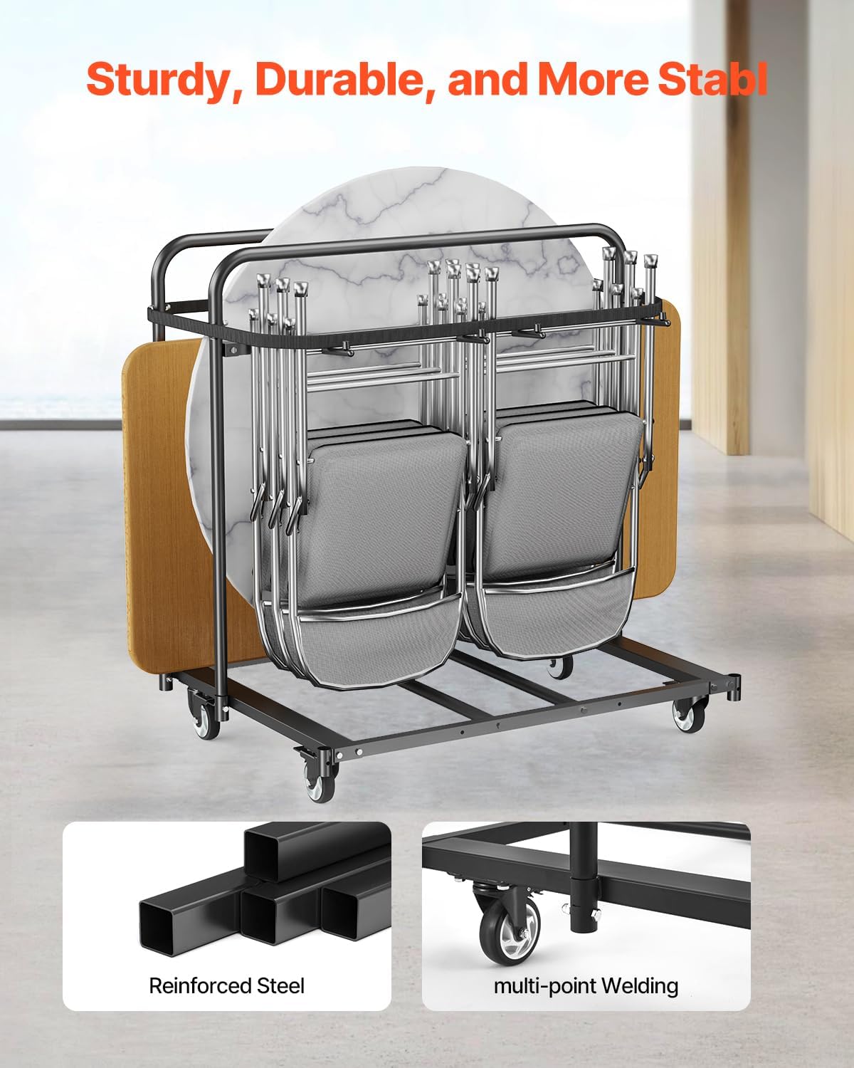 VEVOR Folding Chair Rack, 400 LBS Capacity, Heavy-Duty Chair Cart for 5 Tables+14 Chairs, Chair Storage Dolly Chair Holder w/Swivel Casters and Locking Wheels,for Party Event,Hotel, Matte Black