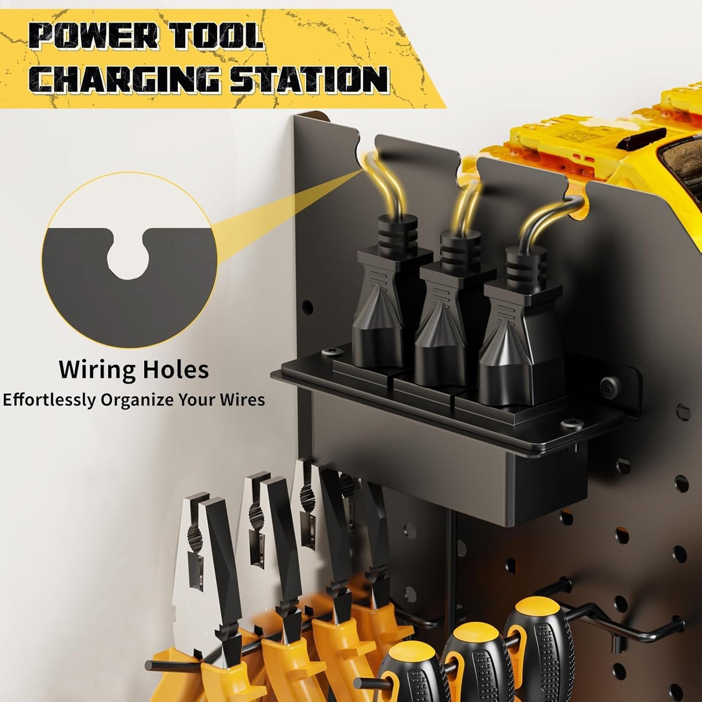 Power Tool Organizer with Charging Station Wall Mount, 3 Layer Expanded Heavy Duty Garage Organization, 45.5 Inch Length Garage Tool Storage, 8 Drills, 2 Assemble Method, Black