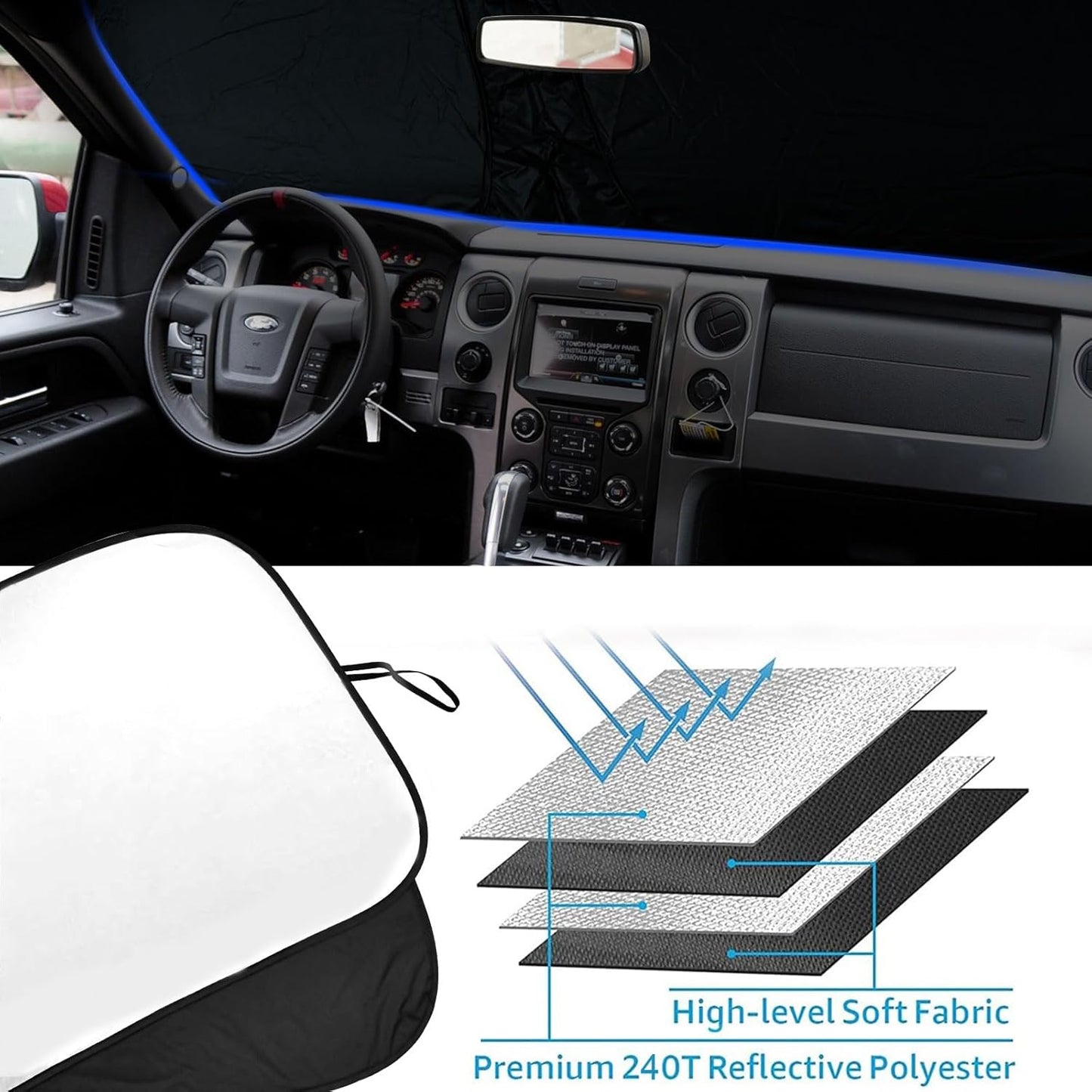 2024 Upgrade Front Windshield Sunshade fit for Ford F150 2009-2014 Foldable Car Shade 240T Reflective Polyester Ford F-150 Lariat King Ranch Platinum XL XLT Limited Raptor Accessories |Keep Cool|